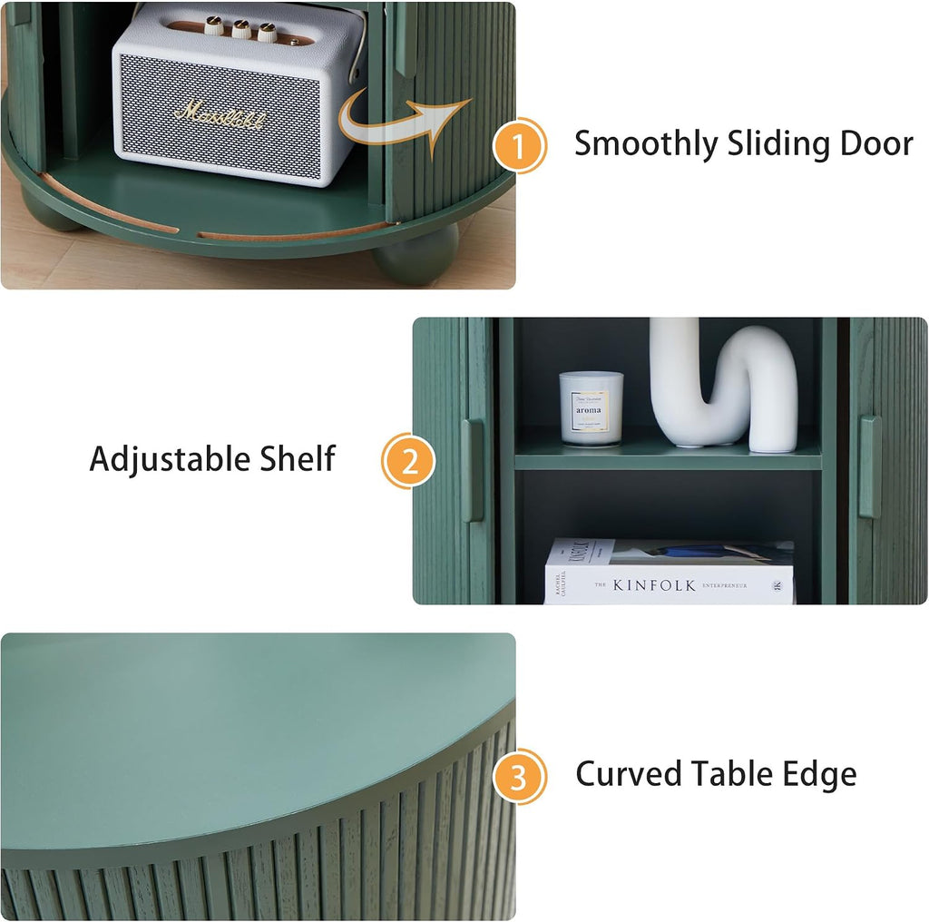 24 Inch Round Nightstand with Charging Station, Green Mid-Century Modern End Side Table with Fulted Sliding Door, Unique Vintage Bedside Table with Storage for Sofa, Couch, Bed (Round, Green)