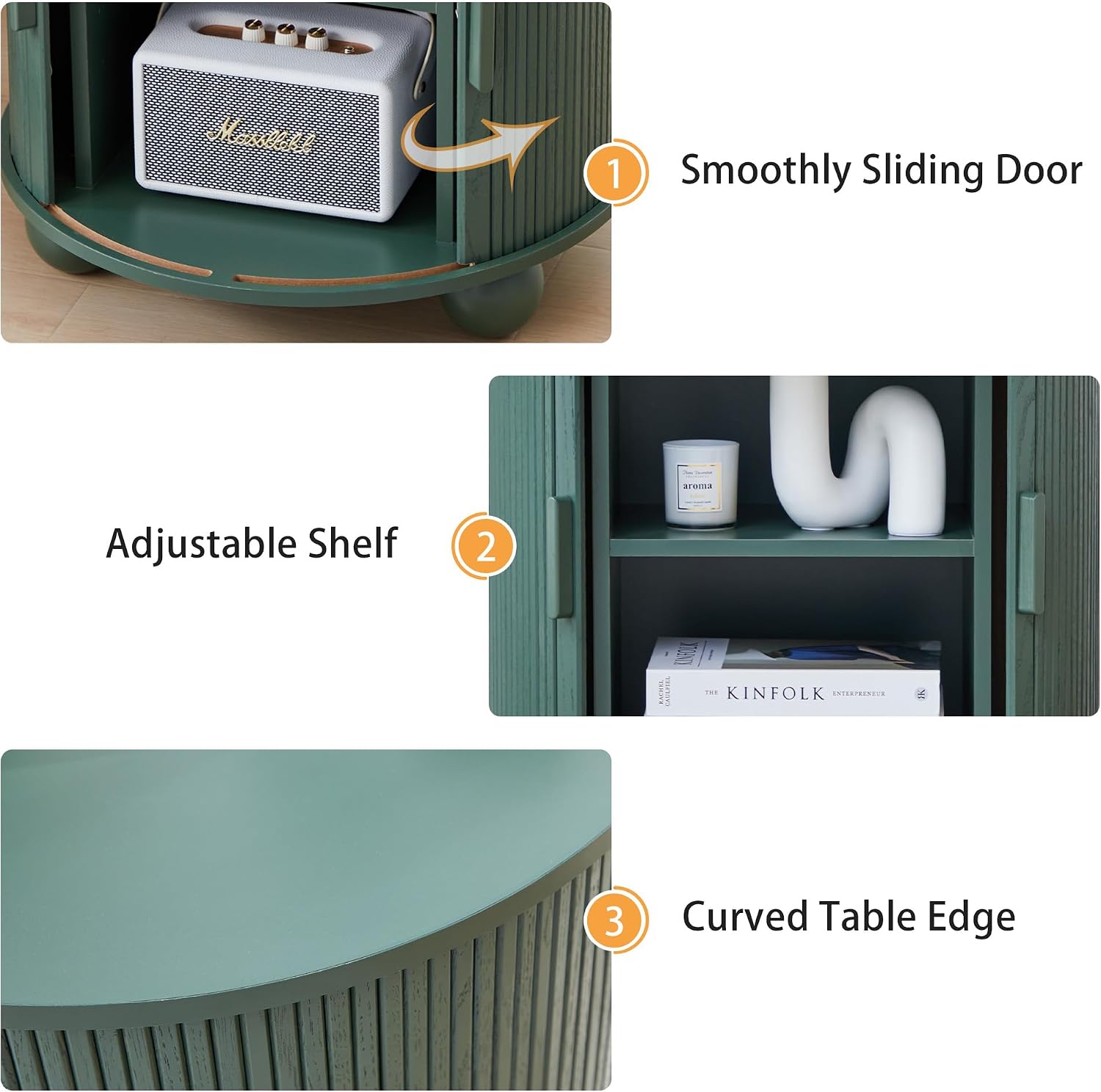 24 Inch Round Nightstand with Charging Station, Green Mid-Century Modern End Side Table with Fulted Sliding Door, Unique Vintage Bedside Table with Storage for Sofa, Couch, Bed (Round, Green)