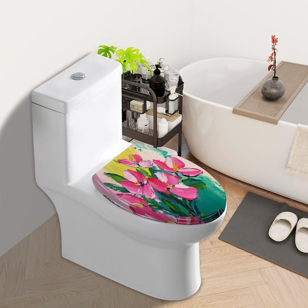 Elongated Toilet Seat drawing flowers green Oil Acrylic impressionistic style Resin Toilet Seat Slow Quiet Close with Quick-Release Hinges Toilet Seat with Cover Easy to Clean Install