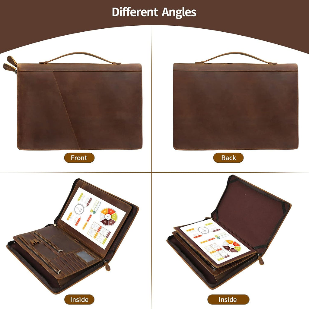 Ringsun Genuine Leather Portfolio Organizer for Men Women with Handle, Full Grain Leather Padfolio Folder with Zipper Business Resume Portfolio for 12.9' iPad, Brown, RS118