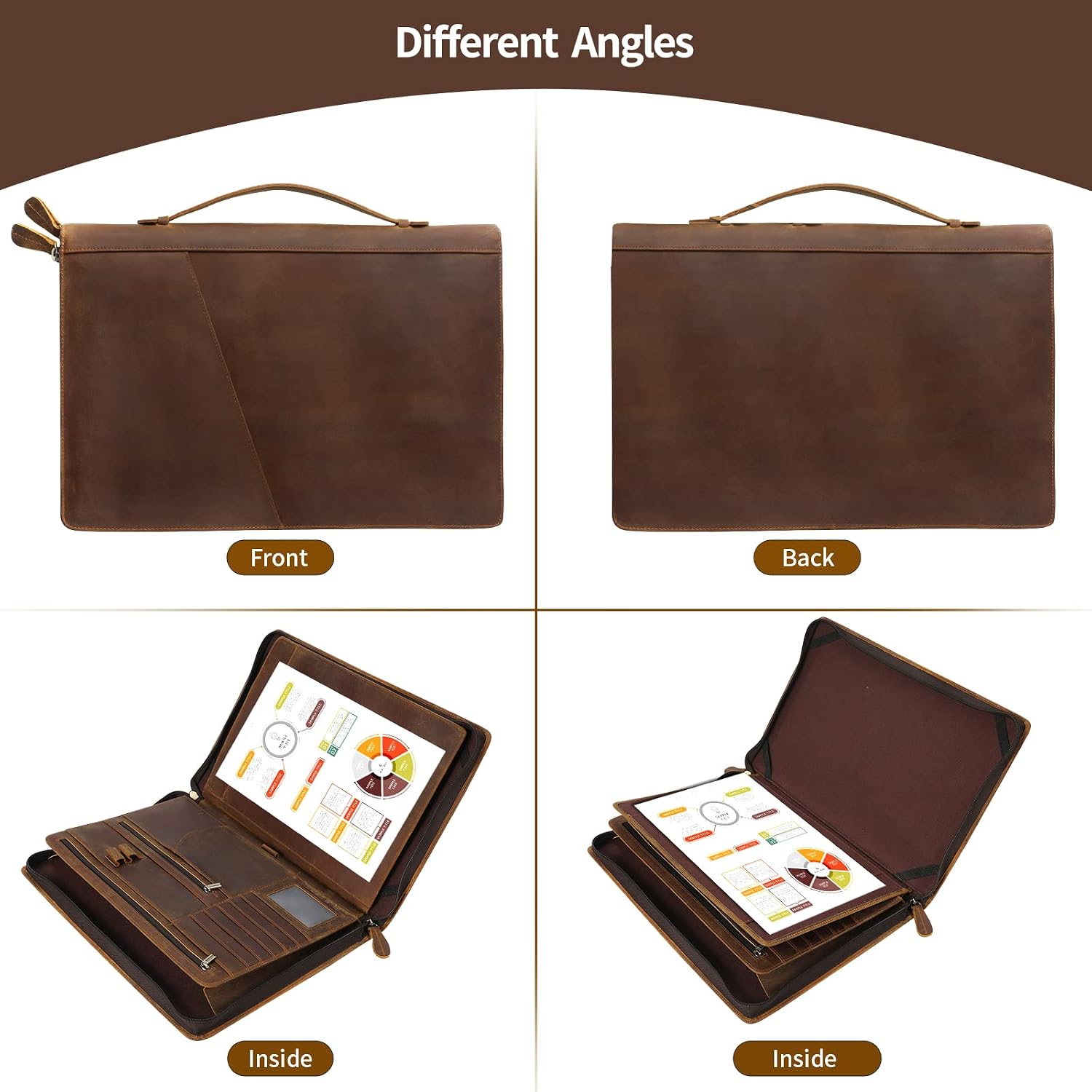 Ringsun Genuine Leather Portfolio Organizer for Men Women with Handle, Full Grain Leather Padfolio Folder with Zipper Business Resume Portfolio for 12.9' iPad, Brown, RS118