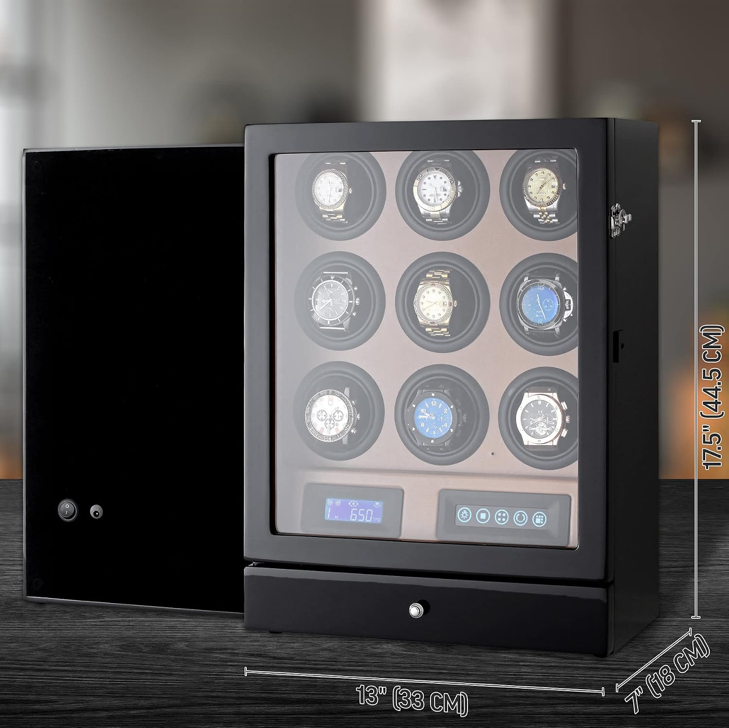 9 Watch Winder with LED Interior Light, LCD Display and 2 Watch Storage Space