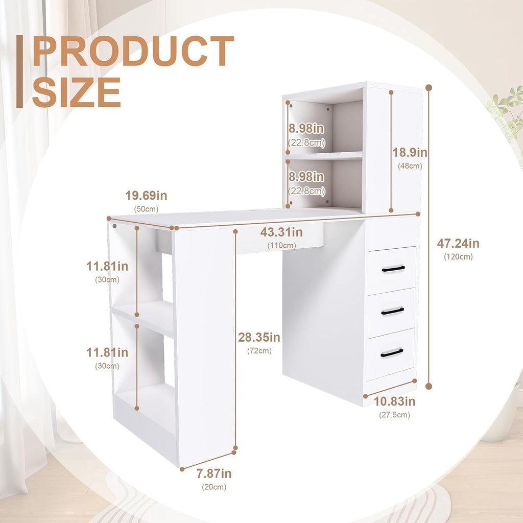 KEIKI L Shaped Desk with Drawers and Hutch, Corner Office Desk with Storage, Computer Desk with 4-in-1 Socket, 3 Drawers & 4 Shelves, White