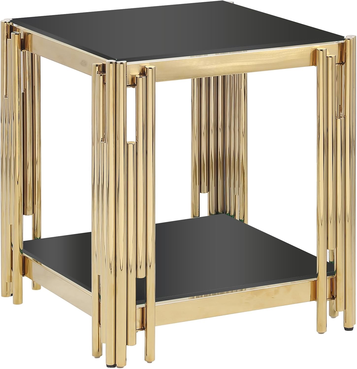 JIJIWANG 22' Small Square End Table, Side Table with Double-Layer Tempered Black Glass & Gold Stainless Steel Frame for Bedroom Living Room, Easy to Assemble Black