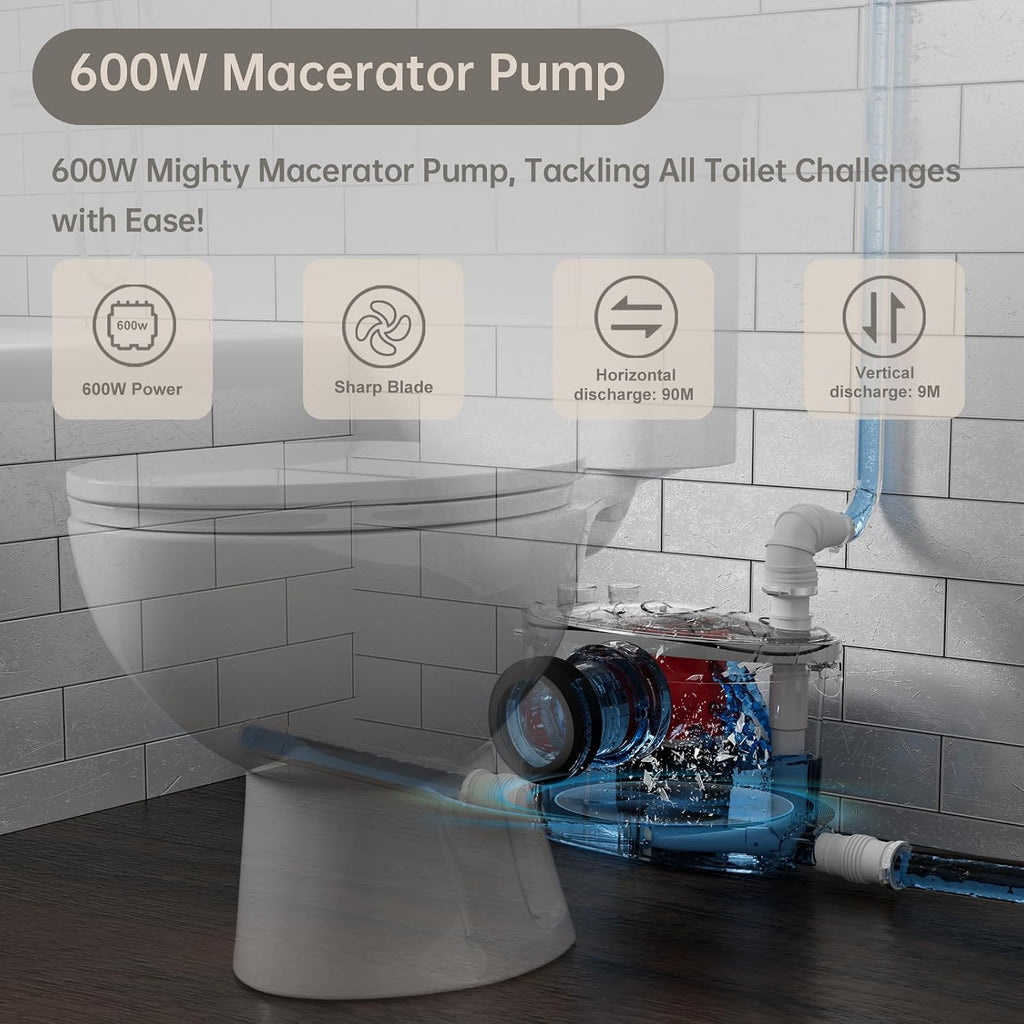 Simple Project 600w Upflush Toilets For Basement, Macerating Toilets Upflush System Kit - Included Silent & Powerful Basement Toilet Pump System With 4 Water Inltes For Upflow Toilet, Shower, Sink