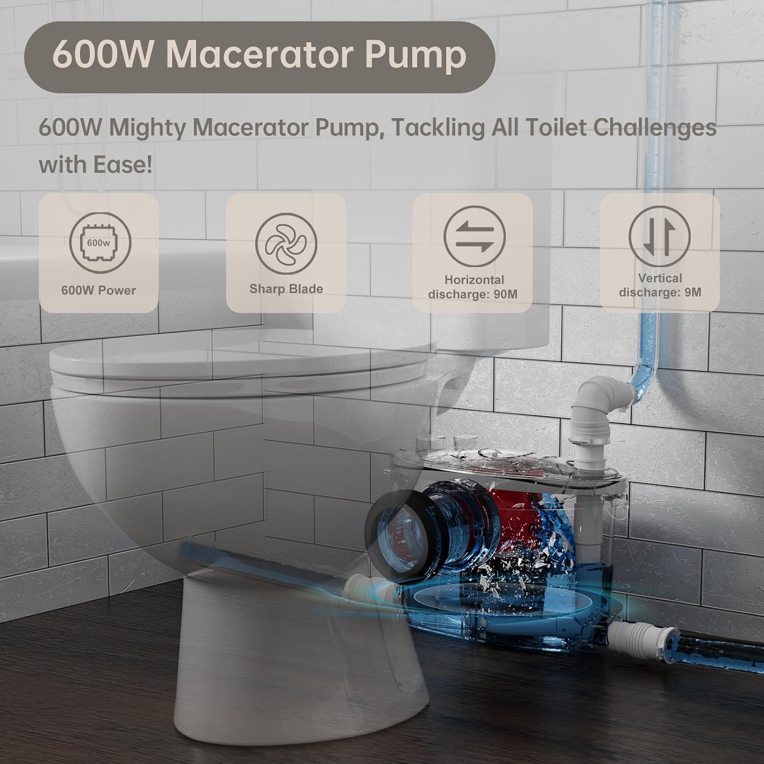 Simple Project 600w Upflush Toilets For Basement, Macerating Toilets Upflush System Kit - Included Silent & Powerful Basement Toilet Pump System With 4 Water Inltes For Upflow Toilet, Shower, Sink