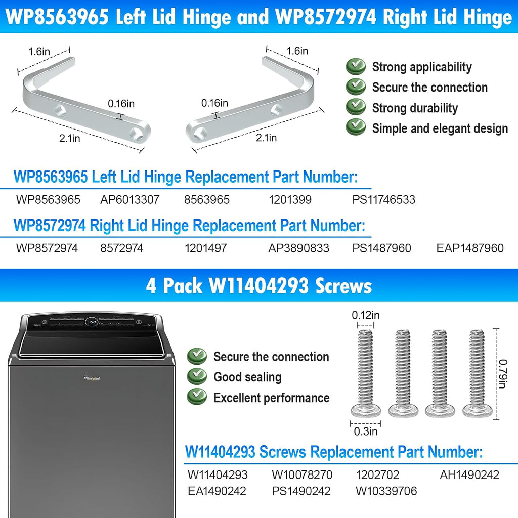 Upgraded W11102314 Washer Glass Lid Assembly Compatible with Whirlpool W10594159 W10610172 W10843825 WP8563965 Left Lid Hinge & WP8572974 Right Lid Hinge & 4 Screws W11404293