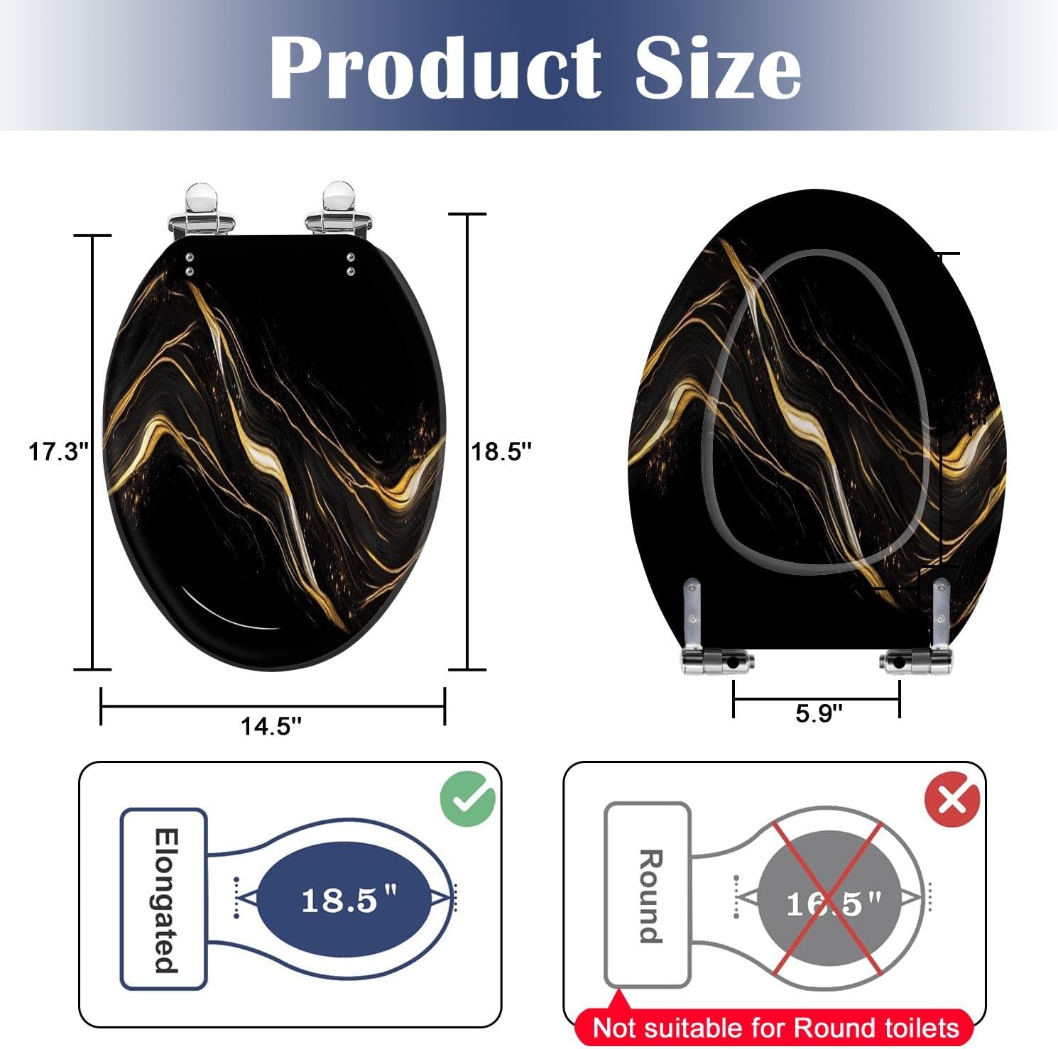 Elongated Toilet Seat Marble texture wall surface black gold ink pattern graphic granite Resin Toilet Seat Slow Quiet Close Lid with Quick-Release Hinges Cover Bumpers Easy to Clean Install