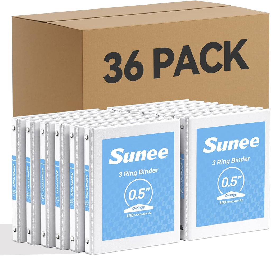 SUNEE White Binders 1/2 Inch 36 Pack Bulk, Clear View 3 Ring Binders PVC-Free (Fit 8.5x11 Inches) for School or Office Supplies