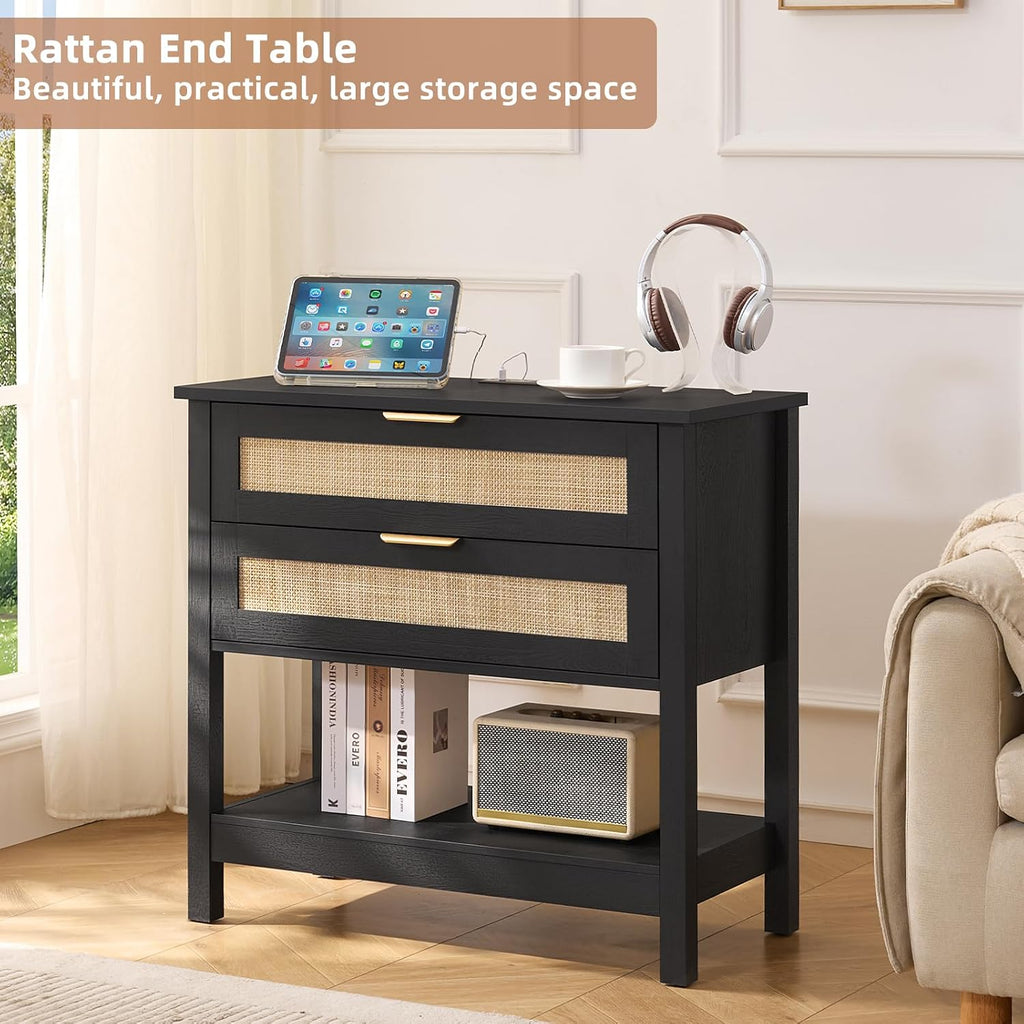 LEYAOYAO 31.5' Wide Rattan Night Stand Set 2 with Charger Station, Oversized Large Boho Nightstand with 2 Drawer, Black Bed Side End Tables, 30' Tall Bedside Table for Bedroom Living Room, Hallway