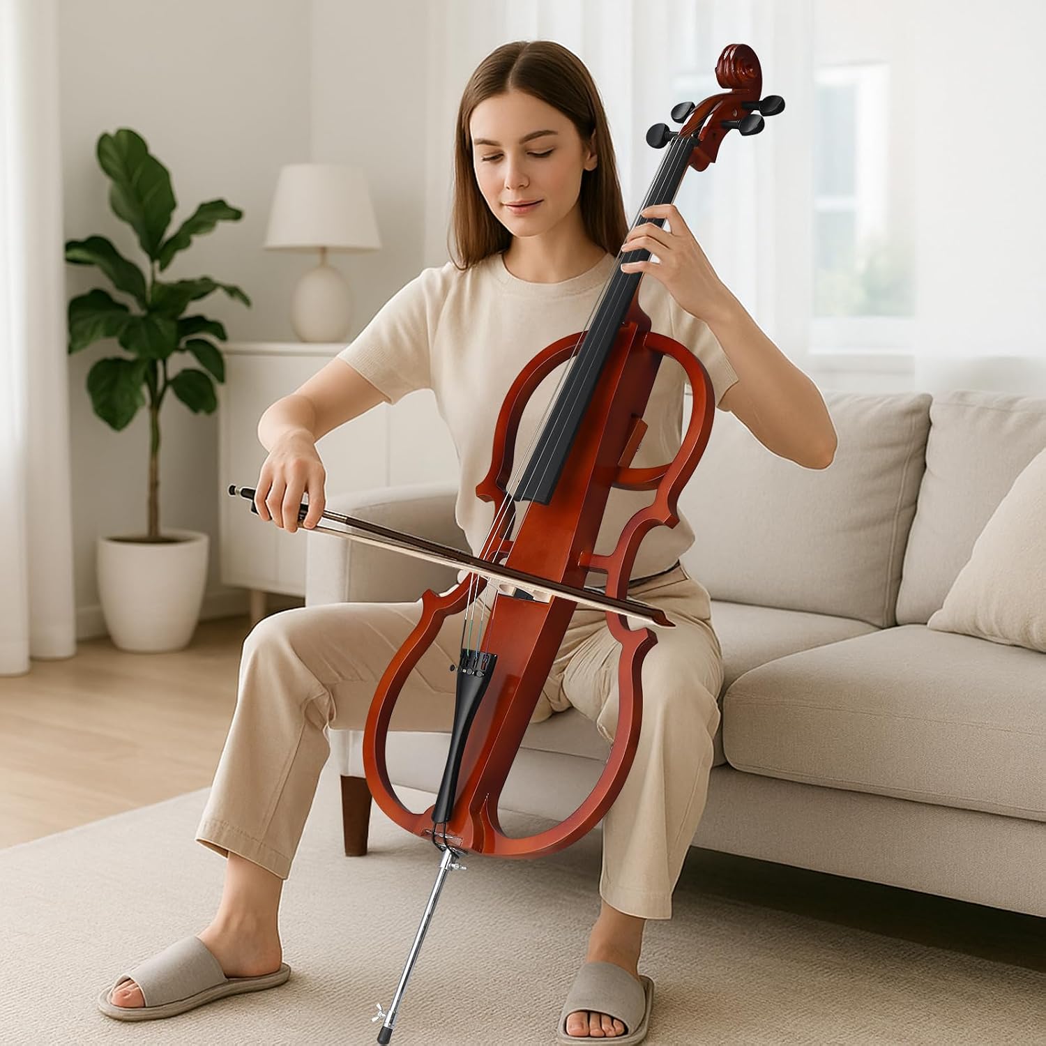 Professional Solid Wood Electric Cellos,4/4 Full Size Electric Style Cello,Student Cello Set,with Case Bow Rosin Earphone Connecting Line,Cellos Musical Instrument for Adults & Beginners (Natural)