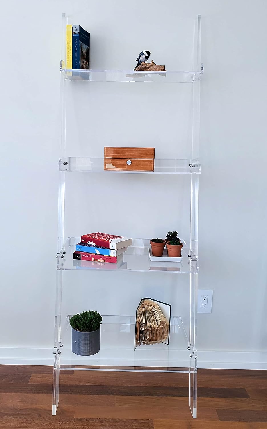 Acrylic Ladder Bookcase Wall Leaning Shelves – Large & Robust Modern Clear Floating Bookshelf - Decor Display for Open Shelving, Organizer, or Storage in the Living Room, Office, Bedroom, or Bathroom