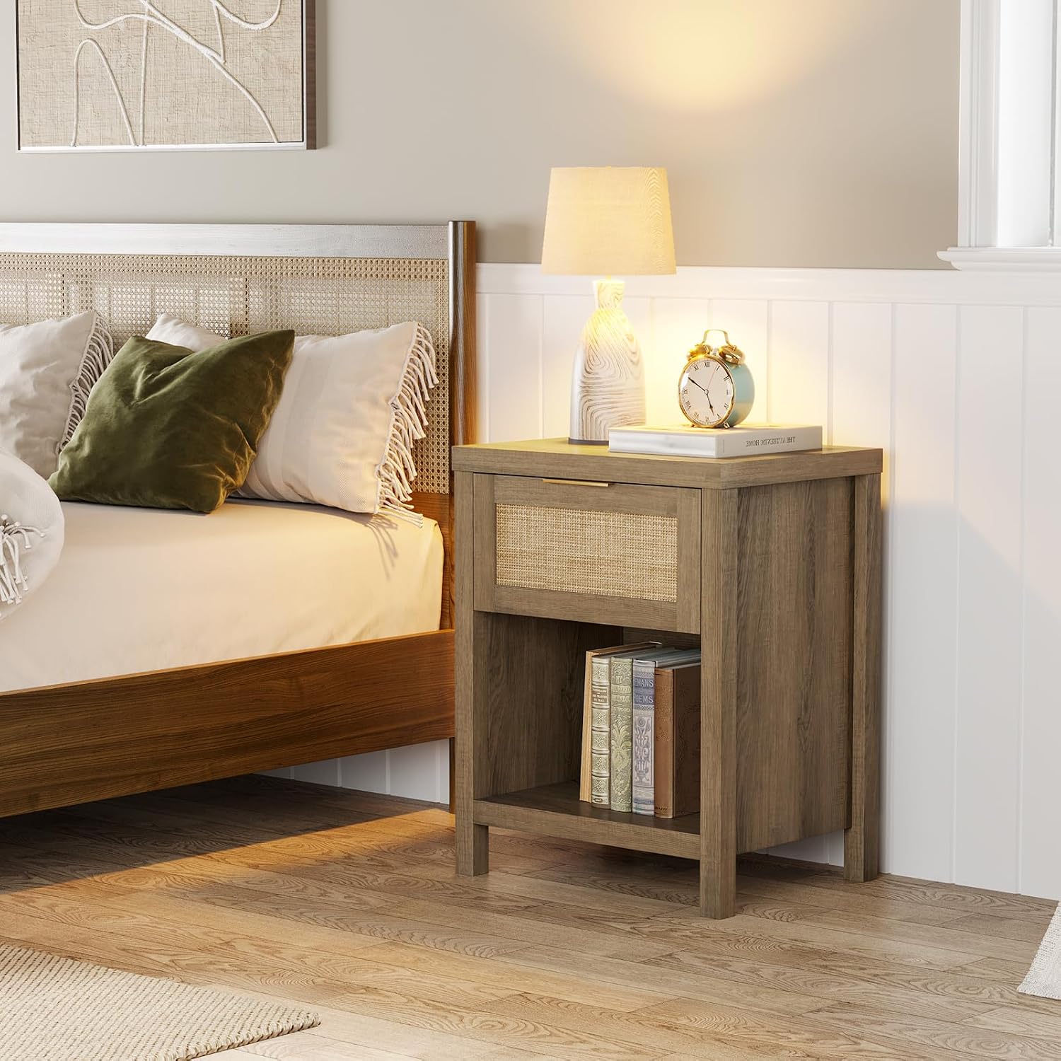 Eclatara Rattan Nightstand Set 2: Boho End Table with Drawer and Storage Shelf, Farmhouse Cane Accent Bedside Night Stands for Bedroom Small Space Sofa (2, Caramel Oak)