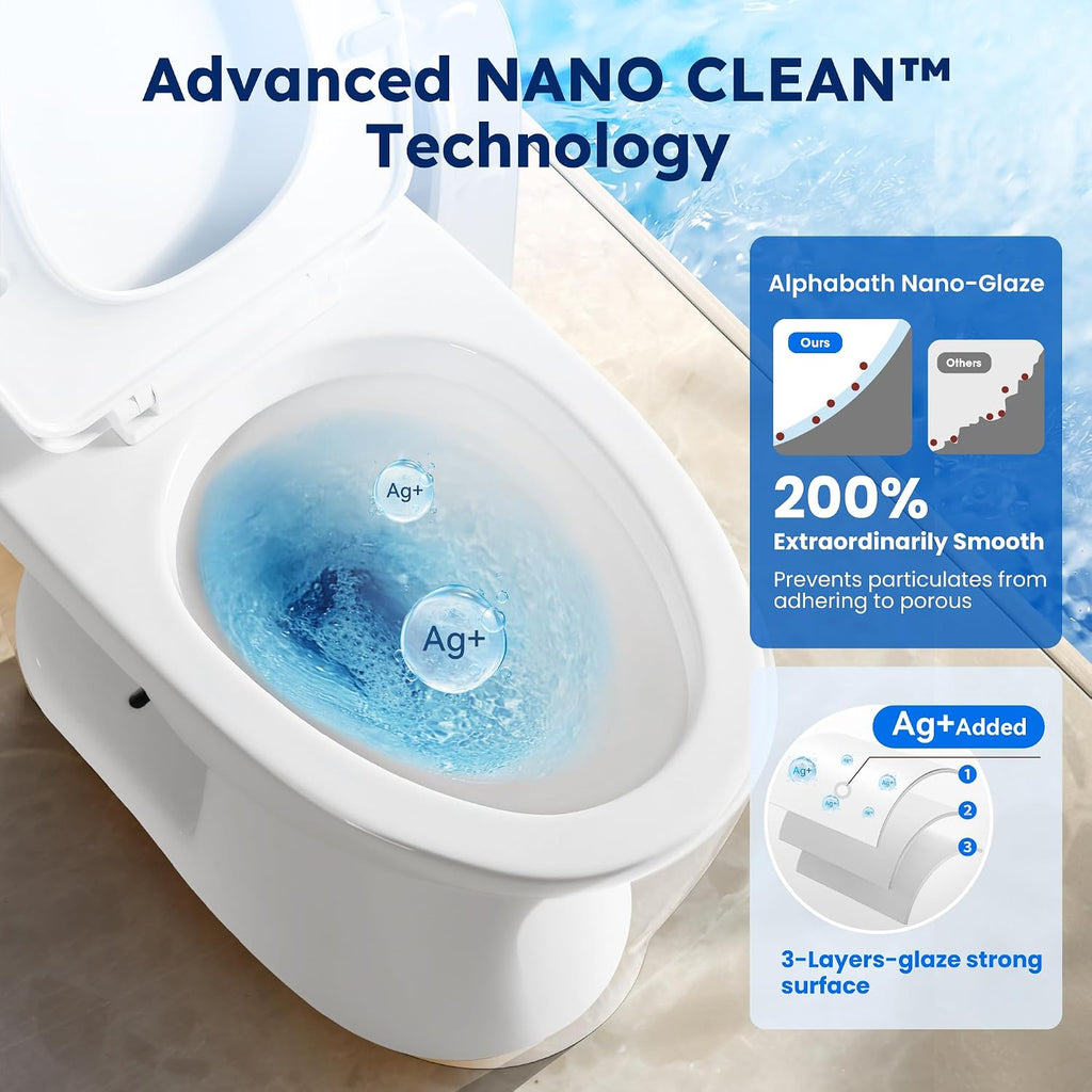 360° TSUNAMI Flush One-piece Toilet: 17.3' ADA Height, Nano Self-Cleaning, WaterSense/MAP/CUPC Certified, 0.8/1.28 Gal Dual Flush-Water saving, Elongated Bowl & Soft-Close Seat,12' Rough-In