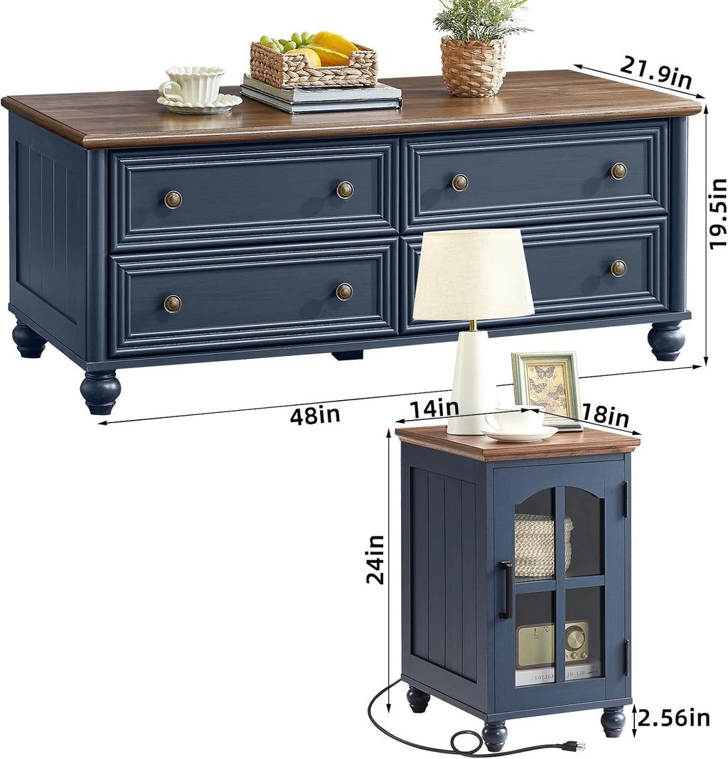 RWYHG Farmhouse Coffee and end Tables 3-Piece Set,Wood 48' Center Table with 4 Drawers,Large Sofa Side Table with Charging Station & with Glass Barn Door Storage for Home Living Room Hallway,Blue