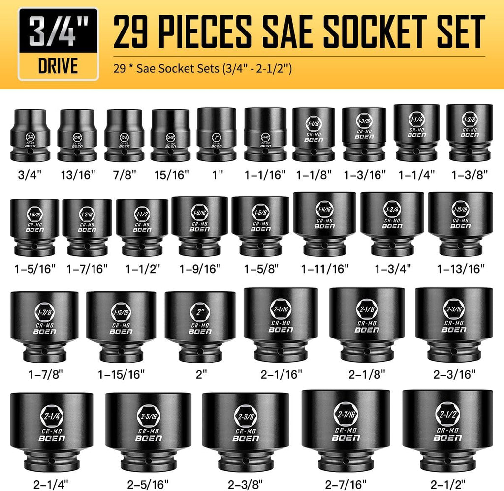 boen 3/4' Drive SAE Impact Socket Set, 3/4 inch - 2-1/2 inch Large Sockets, 6-Point Sockets, Rugged Construction, CR-MO, Standard Socket Set, 29PCS with Storage Case