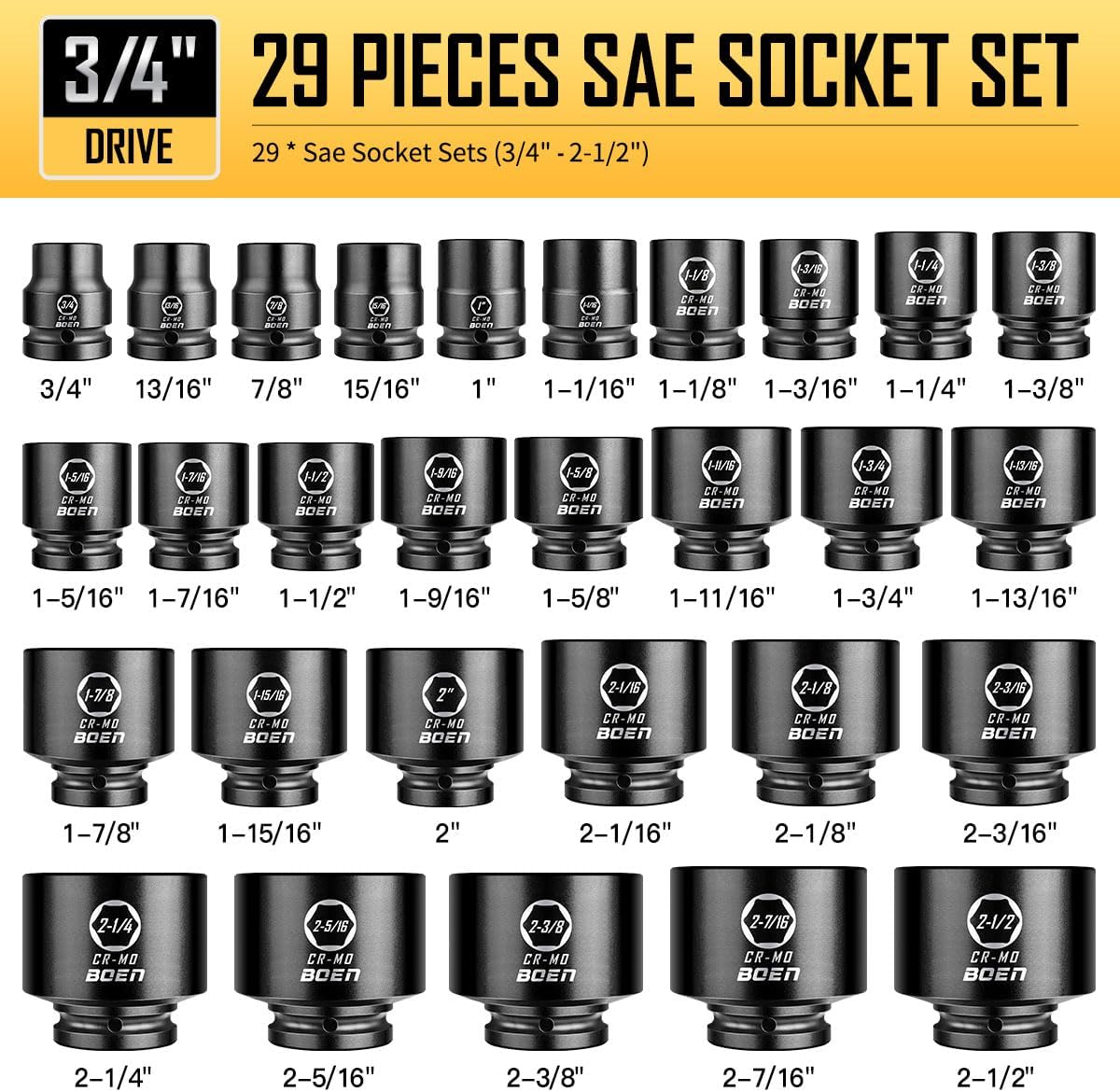 boen 3/4' Drive SAE Impact Socket Set, 3/4 inch - 2-1/2 inch Large Sockets, 6-Point Sockets, Rugged Construction, CR-MO, Standard Socket Set, 29PCS with Storage Case