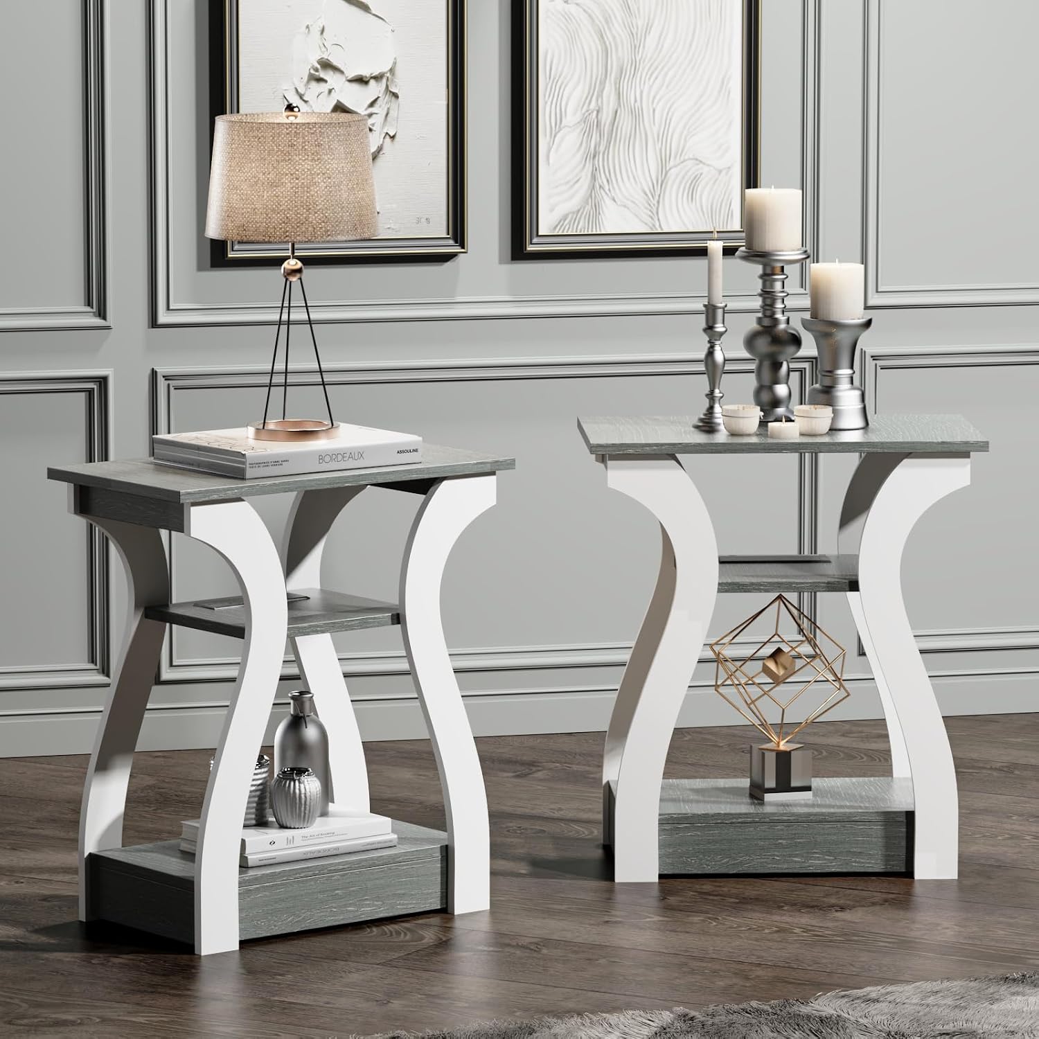 FROMJBEST End Tables Living Room Set of 2,Grey End Table with Charging Station,Grey Side Table, Nightstand for Bedroom, 3 Tier End Table with Storage Shelf for Living Room