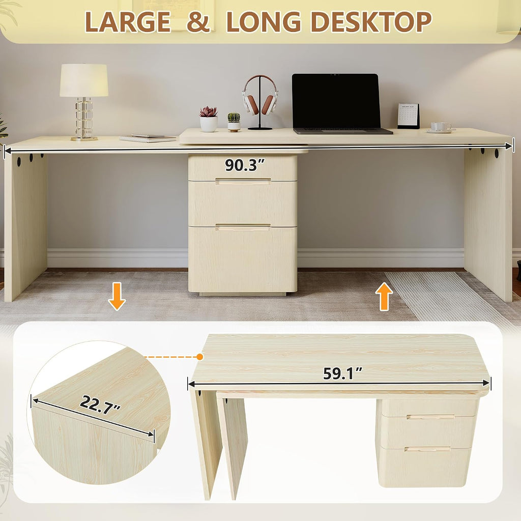Merax Home Office Desk L Shaped with 3 Drawers,Wooden Rotating Desk | 90' Large Executive Office Workstation,Corner Work Table for Study Writing,Walnut