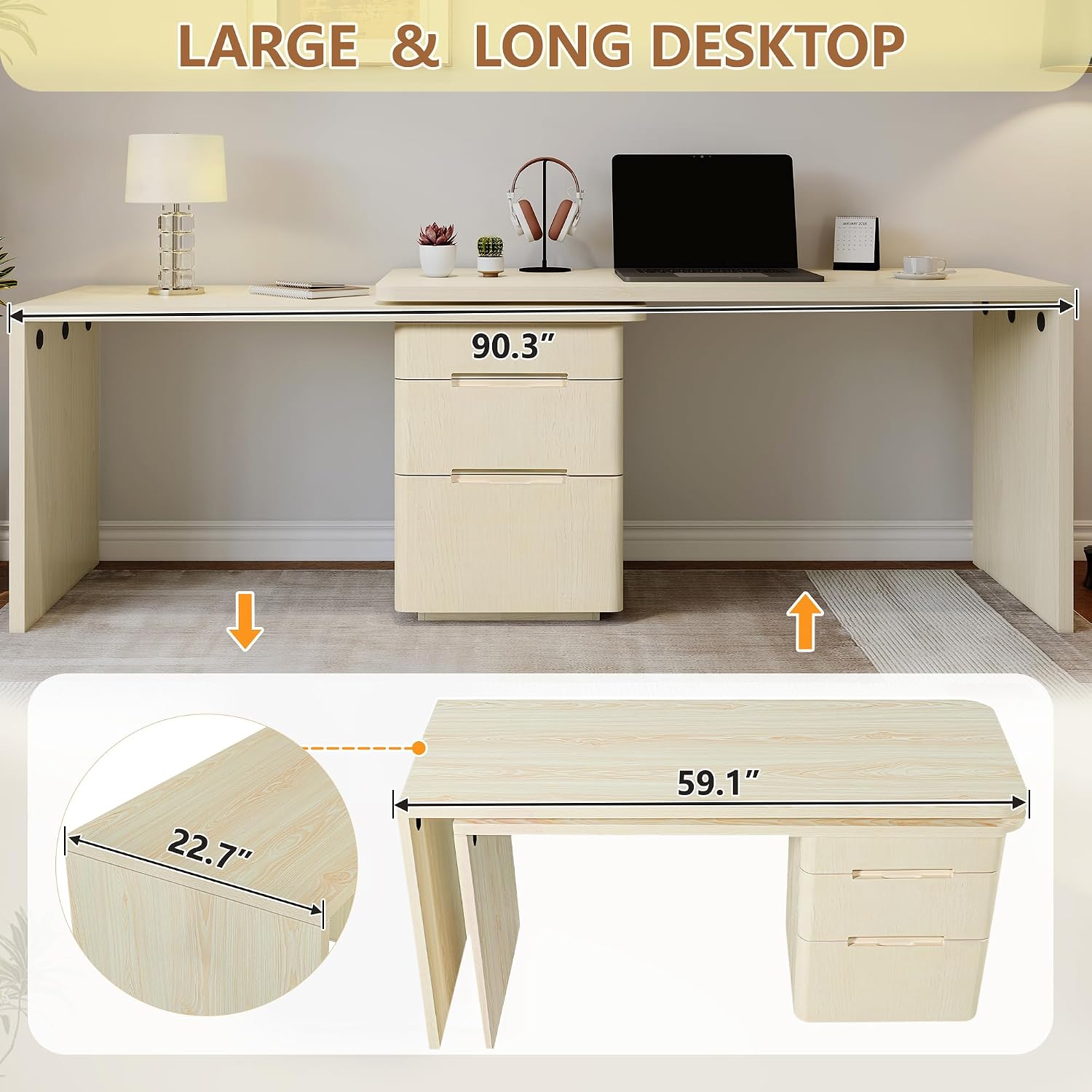 Merax Home Office Desk L Shaped with 3 Drawers,Wooden Rotating Desk | 90' Large Executive Office Workstation,Corner Work Table for Study Writing,Walnut