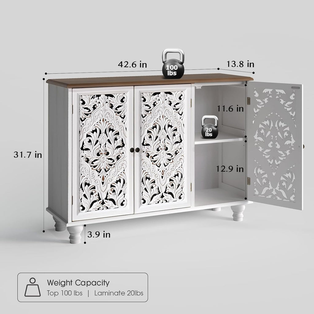 JOINICE 43' Accent Cabinet with 3 Carved Doors, White Farmhouse Buffet Cabinet with Storage & Solid Wood Legs, Boho Sideboard Console Table for Living Room, Entryway, Dining Room, Coffee Bar