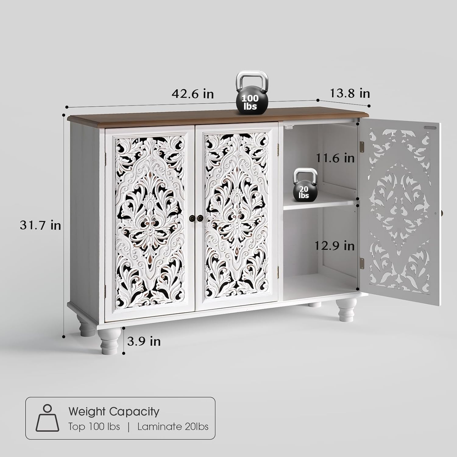 JOINICE 43' Accent Cabinet with 3 Carved Doors, White Farmhouse Buffet Cabinet with Storage & Solid Wood Legs, Boho Sideboard Console Table for Living Room, Entryway, Dining Room, Coffee Bar