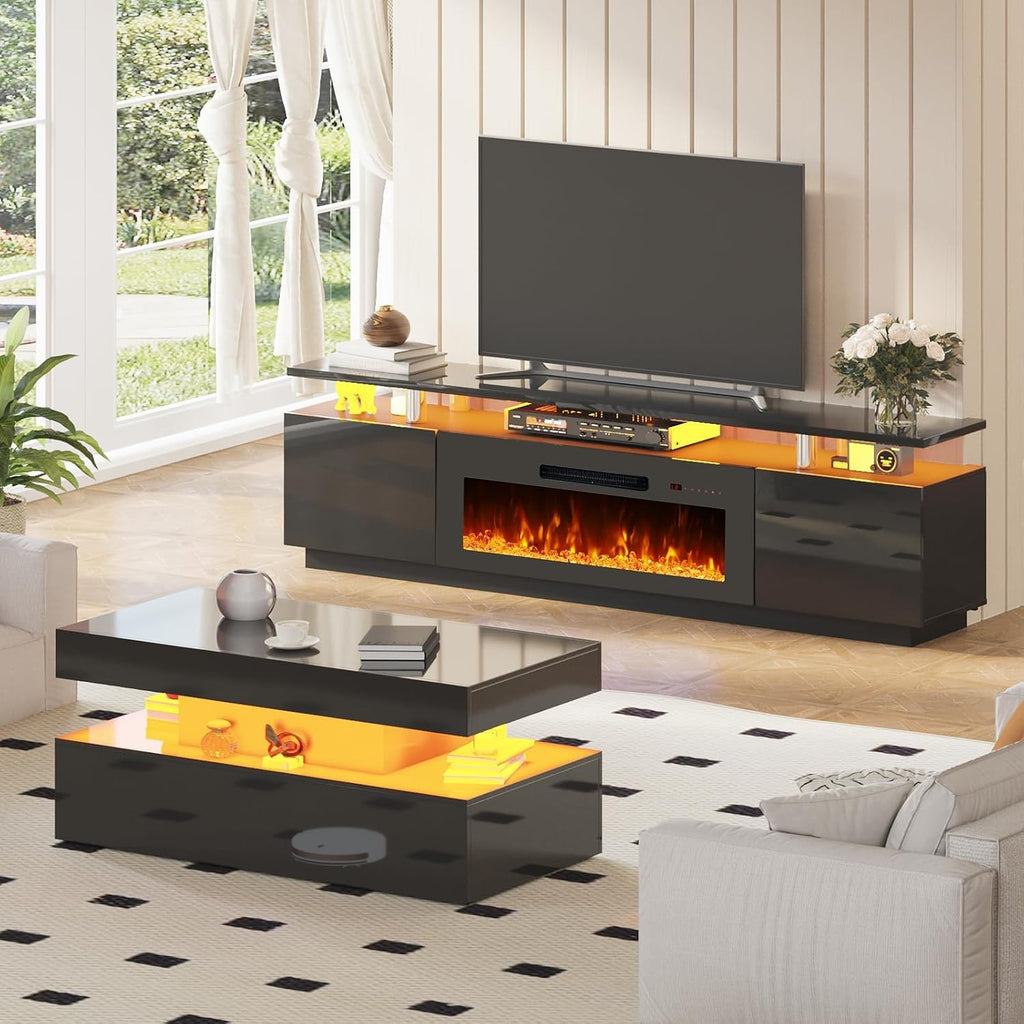 AMERLIFE 3 Piece Modern Living Room Table Set, Includes 80' High Gloss Fireplace TV Stand, 2-Tier Coffee Table, LED Lights Entertainment Center Set for Living Room, Black