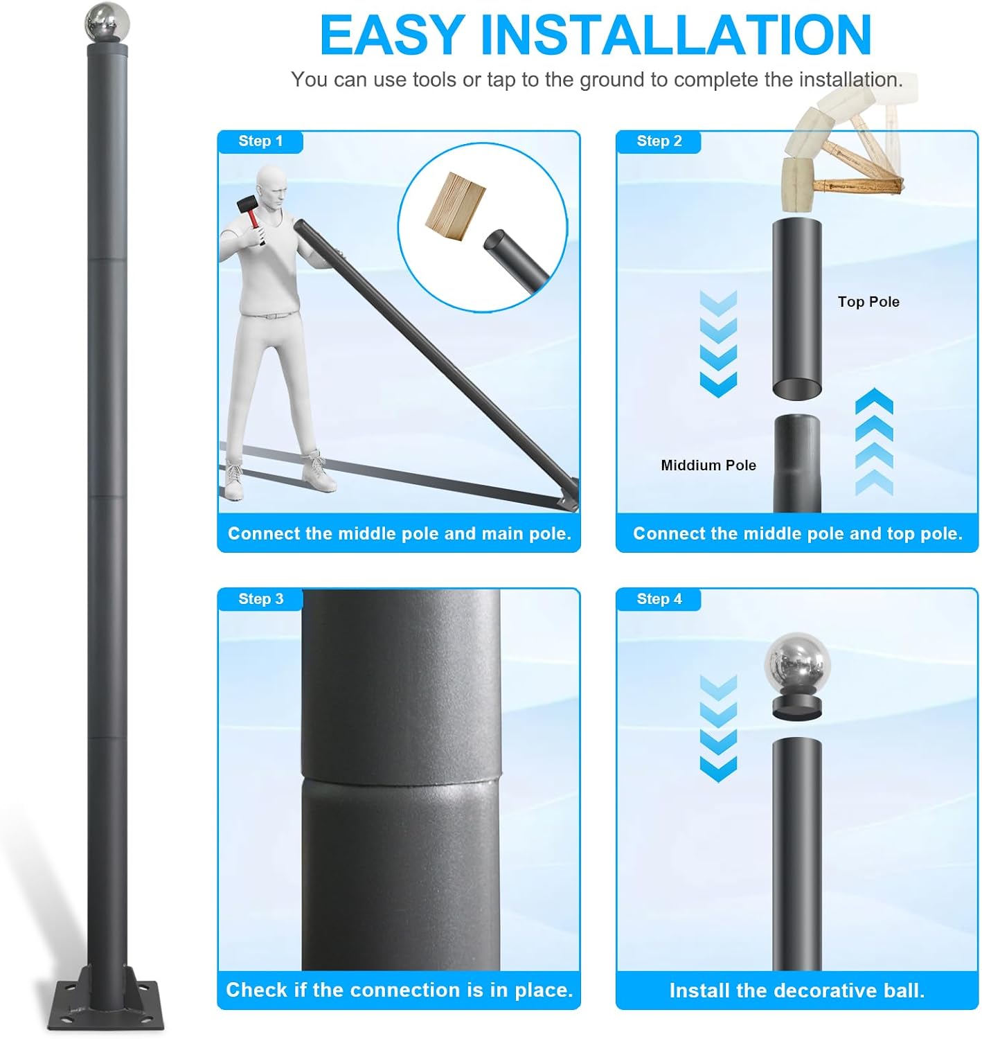 Street Light Pole 13ft Tall, Gray Outdoor Galvanized Heavy-duty Metal Solar Street Lamp Post, Suitable for Outdoor Street Courtyard Parking Lot Lighting Fixtures with Mounting Rebar Cage (13 FT 76mm)