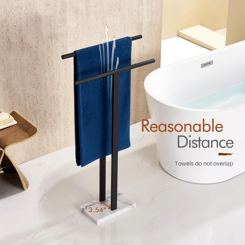 KOKOSIRI 24 Inch Bath Towel Bar Bathroom Towel Rack Free Standing Towel Racks for 2-Tier Towel Holder with Heavy Marble Base Matte Black B5009BK-L24+THS0005-BK