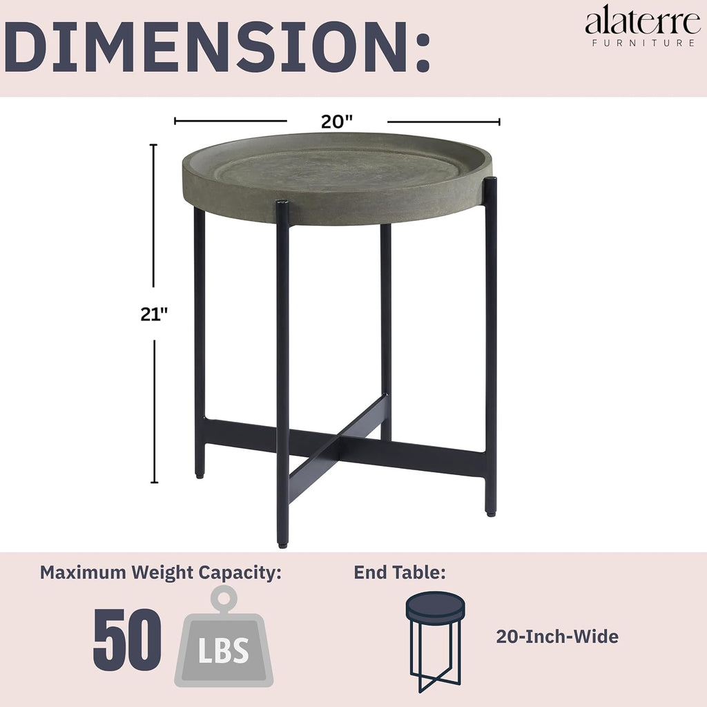 Brookline 20-Inch Round Wood End Table with Concrete Coating and Powder-Coated Iron Legs – Tray Style Top Home Accent for Living Room, Bedroom or Office by Alaterre Furniture (Gray)