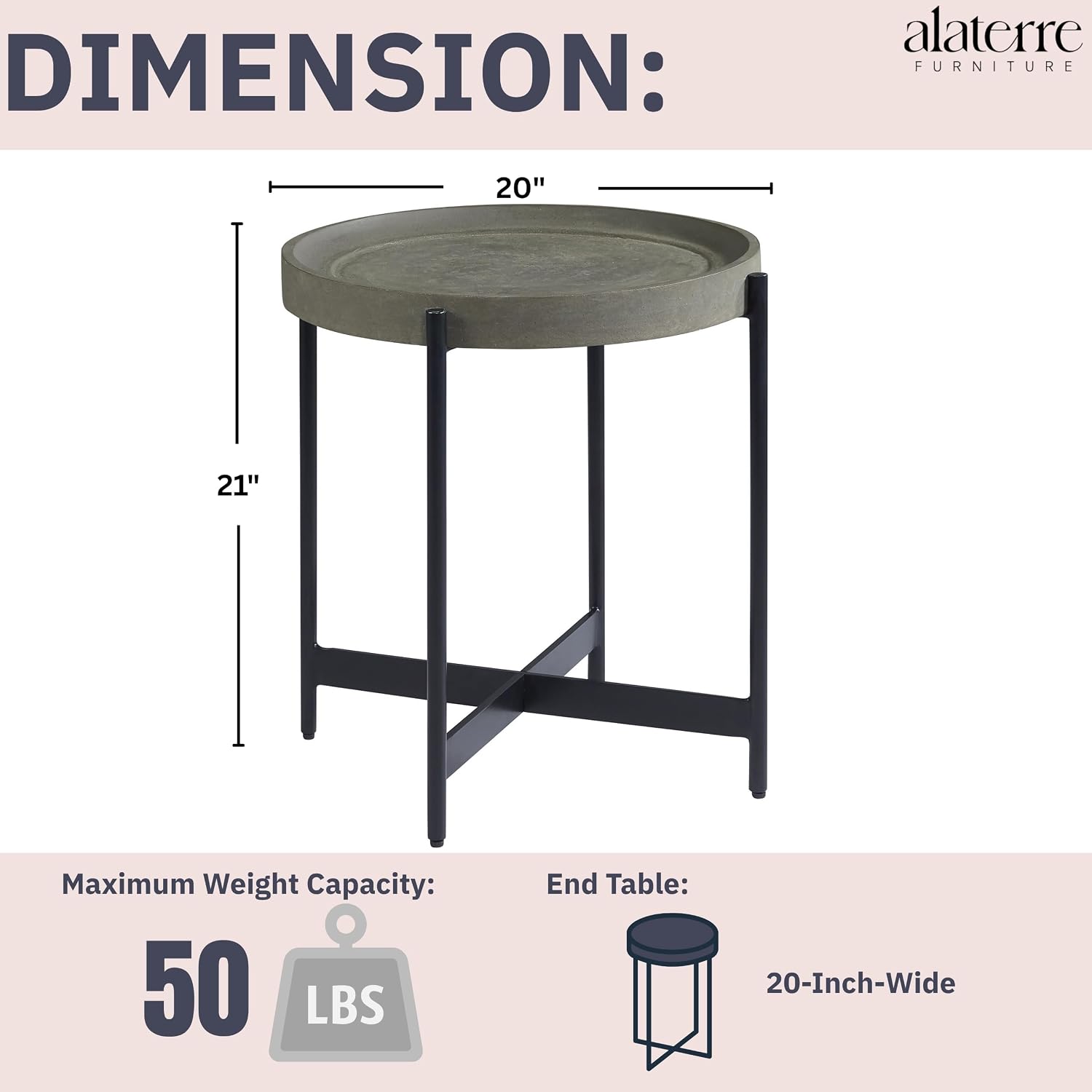 Brookline 20-Inch Round Wood End Table with Concrete Coating and Powder-Coated Iron Legs – Tray Style Top Home Accent for Living Room, Bedroom or Office by Alaterre Furniture (Gray)