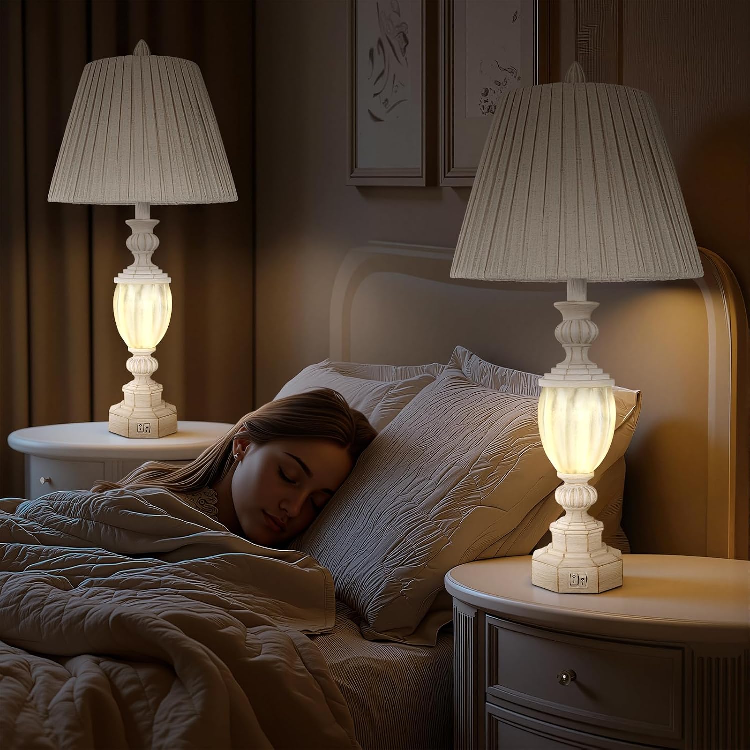 27' Rustic End Table Lamp Set of 2 with Night Light for Bedroom Living Room USB Charging Pots Farmhouse Bedside Lamp with Pleated Shade Boho Nightstand Lamps for Room Office Hotel Dorm(Bulb Included)