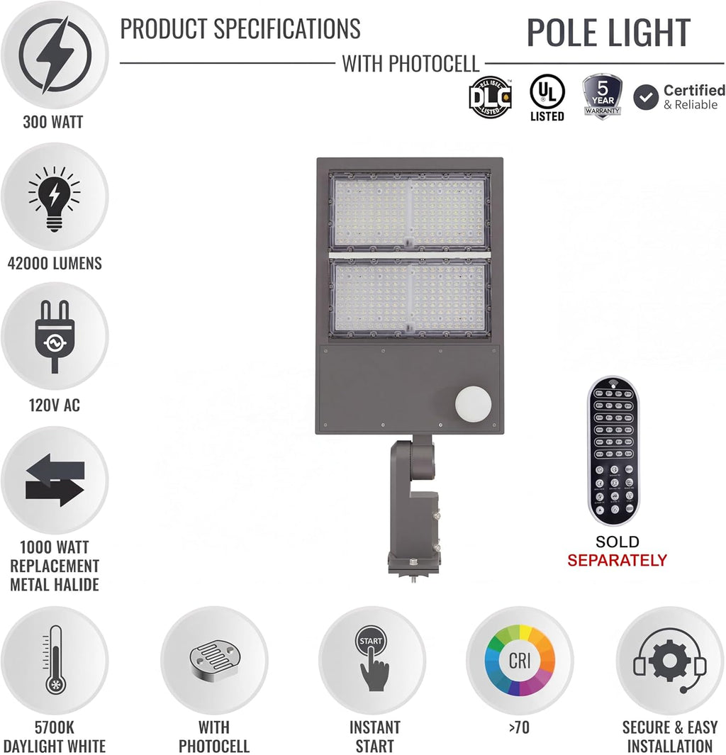 LEDMyplace Pole Lights 300W LED Parking Lot Light with Dusk to Dawn Motion Sensor Outdoor Lights, 42000LM, 5700K, Waterproof Commercial Steet & Area Lighting for Sports, Stadium