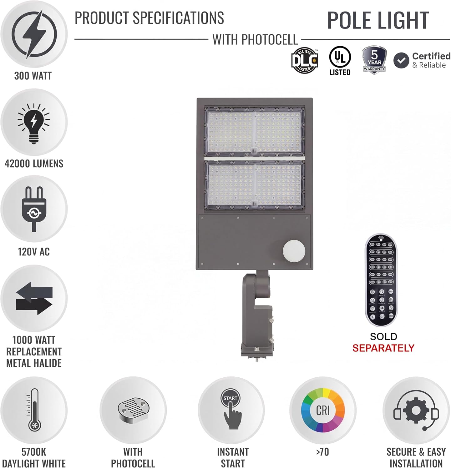 LEDMyplace Pole Lights 300W LED Parking Lot Light with Dusk to Dawn Motion Sensor Outdoor Lights, 42000LM, 5700K, Waterproof Commercial Steet & Area Lighting for Sports, Stadium