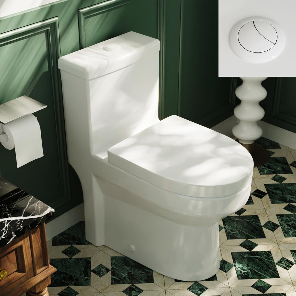 DeerValley Compact One-Piece Toilet 12 Inch Rough-In Space-Saving Toilets for Tiny Bathrooms with White Button