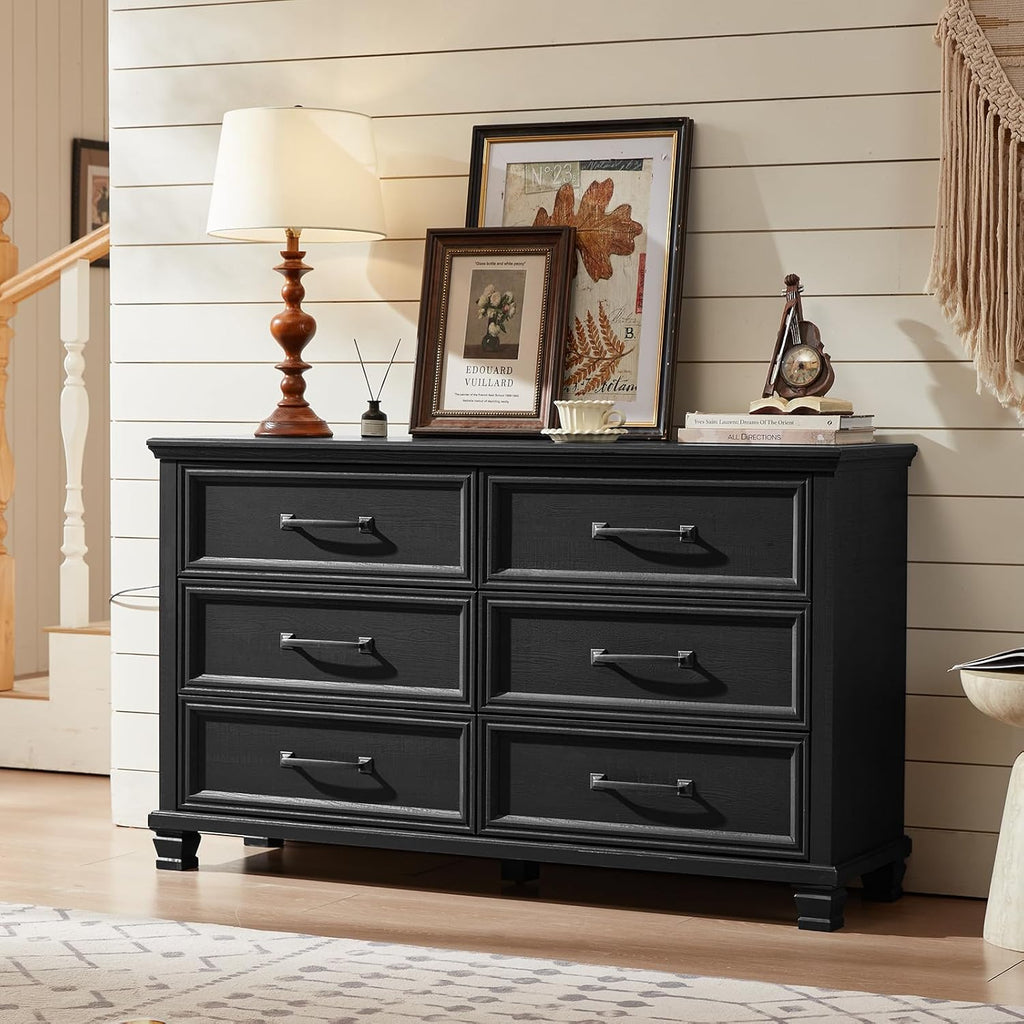 SAVOR LIFE Farmhouse Black 6 Drawer Dresser for Bedroom, 54 inch Wide Vintage Large Chest of Drawers with Square Wood Legs, Rustic TV Console for Living Room, Wooden Storage Closet Dressers for Home