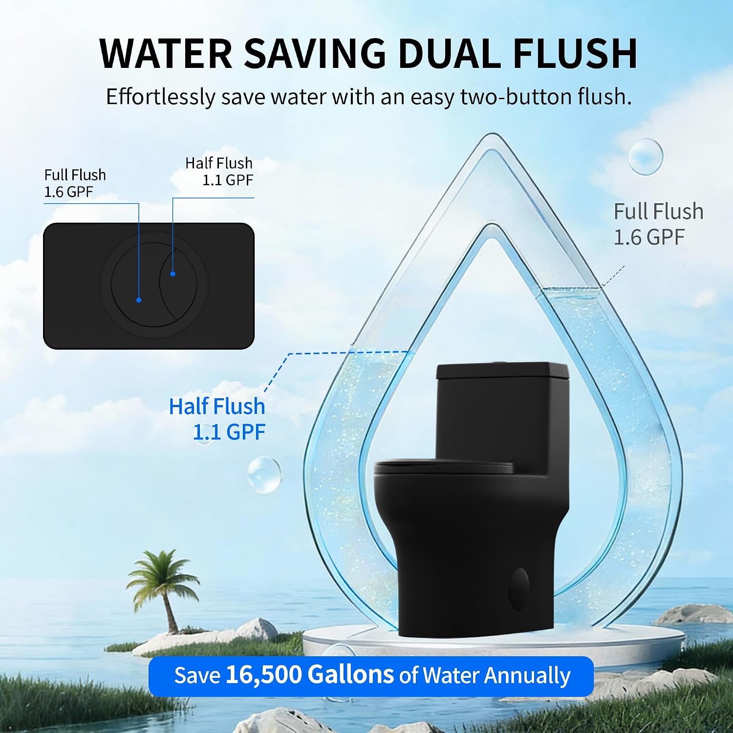 DeerValley Black One Piece Toilet with Efficient Dual Flush 1.1/1.6 GPF | Standard Height Toilet Bowl, Durable Ceramic, Slow Close Seat, Skirted Design 12' Rough-In Toilet for Bathroom DV-1F026B