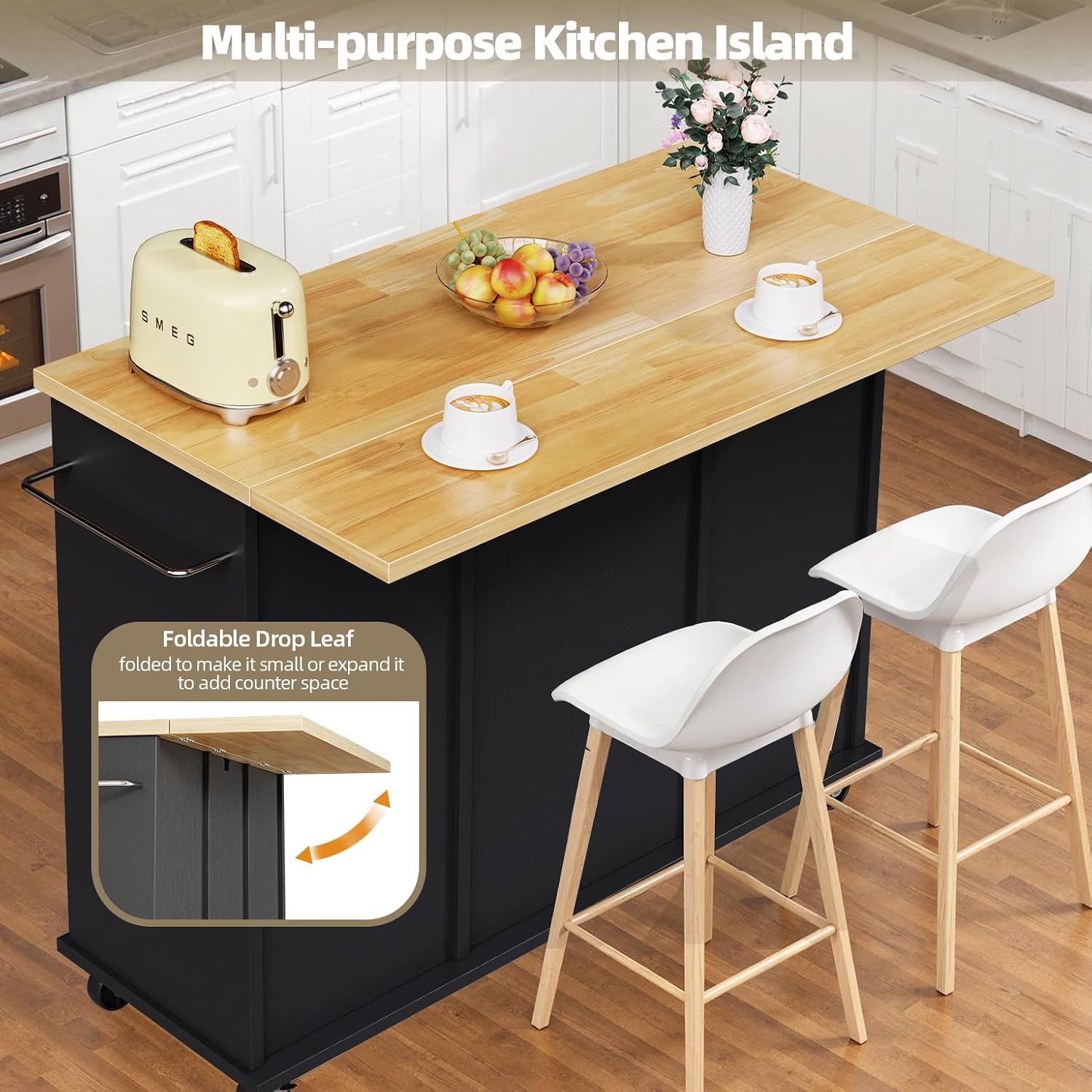 SUNLEI Rolling Kitchen Island Cart with Wheels, Island Table for Kitchen, Farmhouse Kitchen Cart with Drop Leaf & Towel Rack & Drawer, Kitchen Island with Storage Cabinet, Black