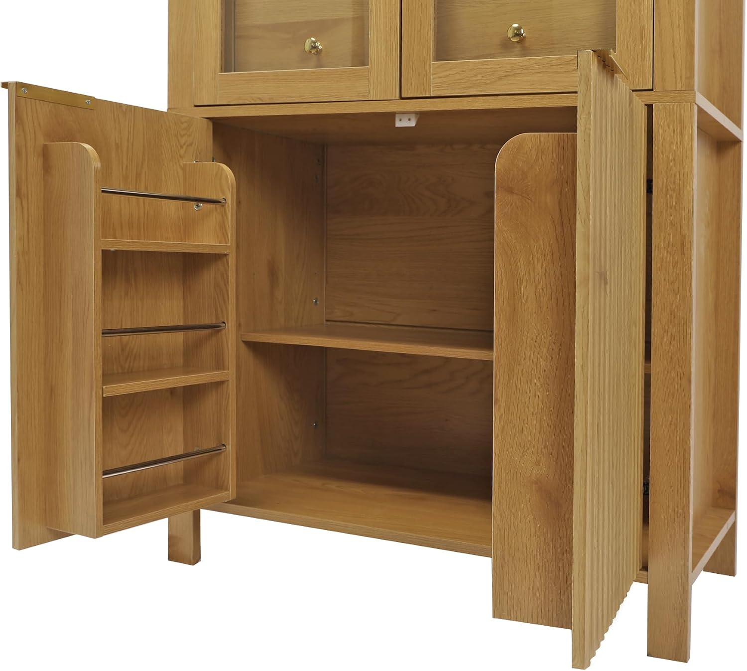 71' Tall Arched Kitchen Pantry with Drawer,Glass Door,Door Racks, Fluted Hutch Cabinet with Storage & Adjustable Shelves,Cupboard Buffet Cabinet for Living Room, Coffee Bar Corner(Natural) (Natural-1)