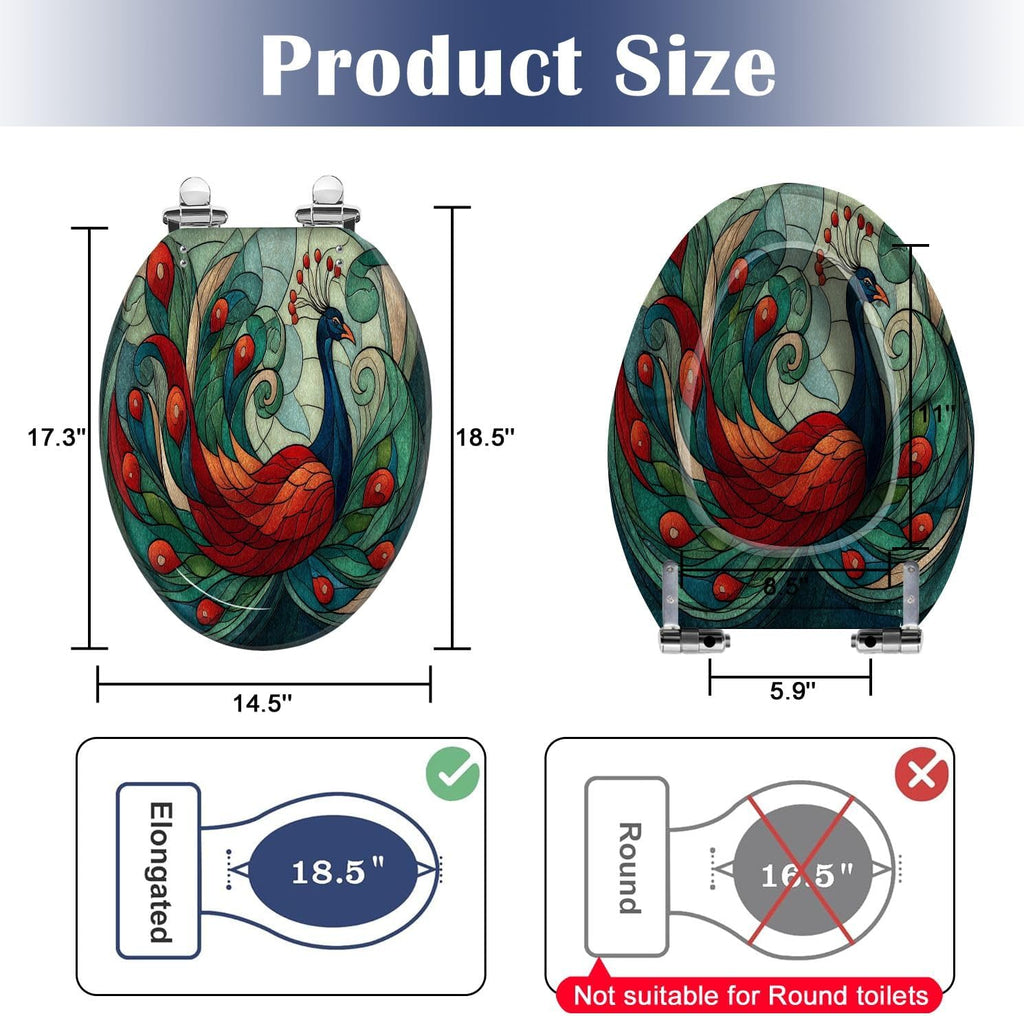 Elongated Toilet Seat Sleek Stained Glass Geometric Tail Green Blue Resin Toilet Seat Slow Quiet Close Lid with Quick-Release Hinges Cover Bumpers Easy to Clean Install