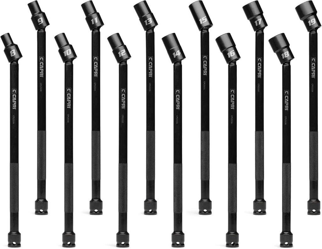 Capri Tools 3/8 in. Drive Pinless Universal Long Extension Impact Socket Set, 6-Point, 8-19 mm, Metric, 12-Piece