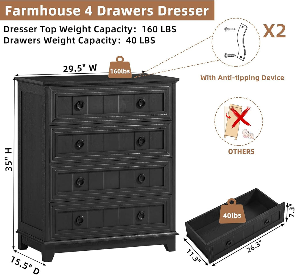 Joaxswe Farmhouse 4 Drawer Dresser for Bedroom Set of 2, 35' Tall Small Dressers & Chest of Drawers, Rustic Wood Dresser with Metal Handle, Storage Organizer Closet for Living Room, Hallway, Entryway