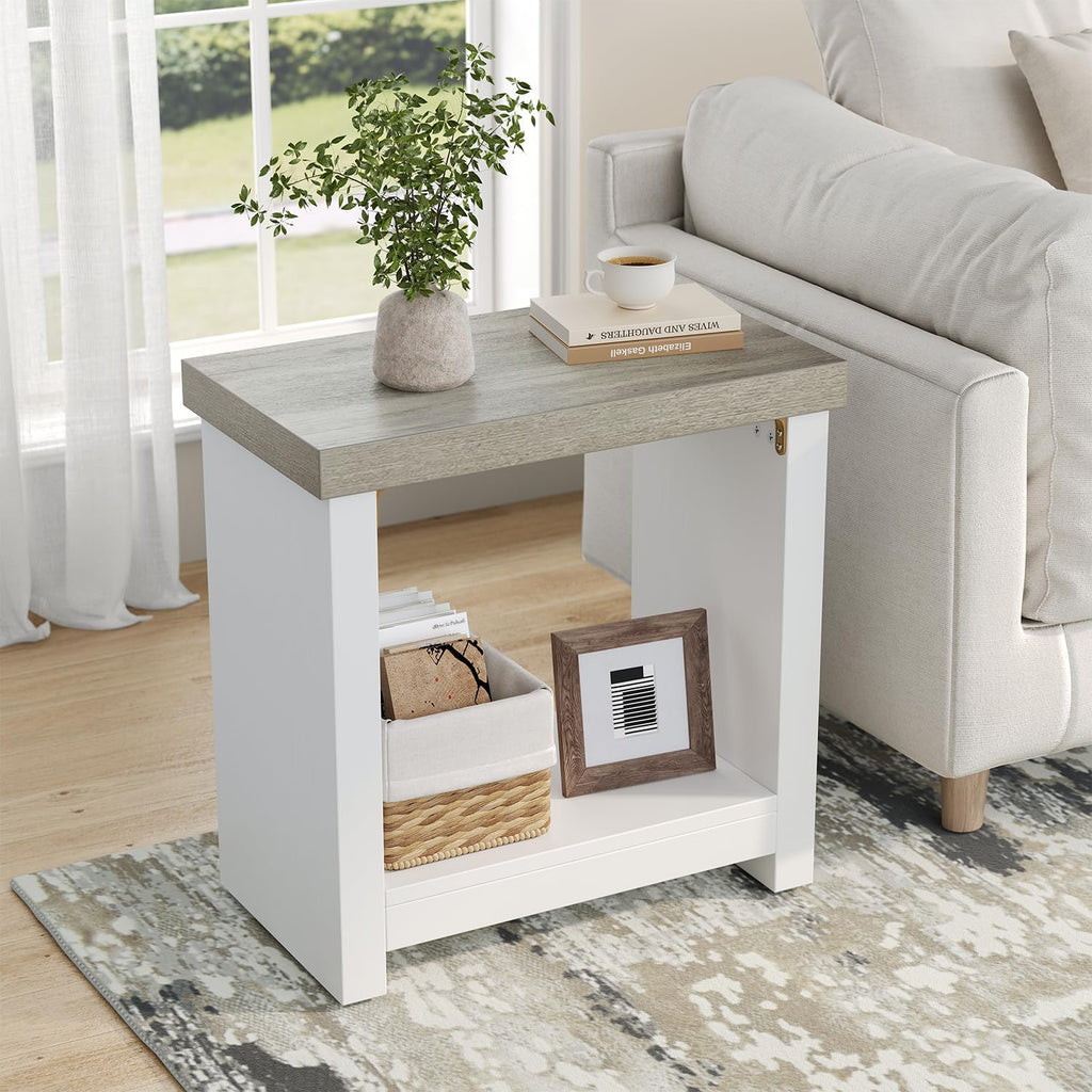 End Tables Set of 2 for Living Room, Narrow Side Tables with Storage Shelves, Square End Table for Bedroom, Slim Nightstand, Skinny Rectangle Accent Table, Farmhouse Bedside Table, White + Gray