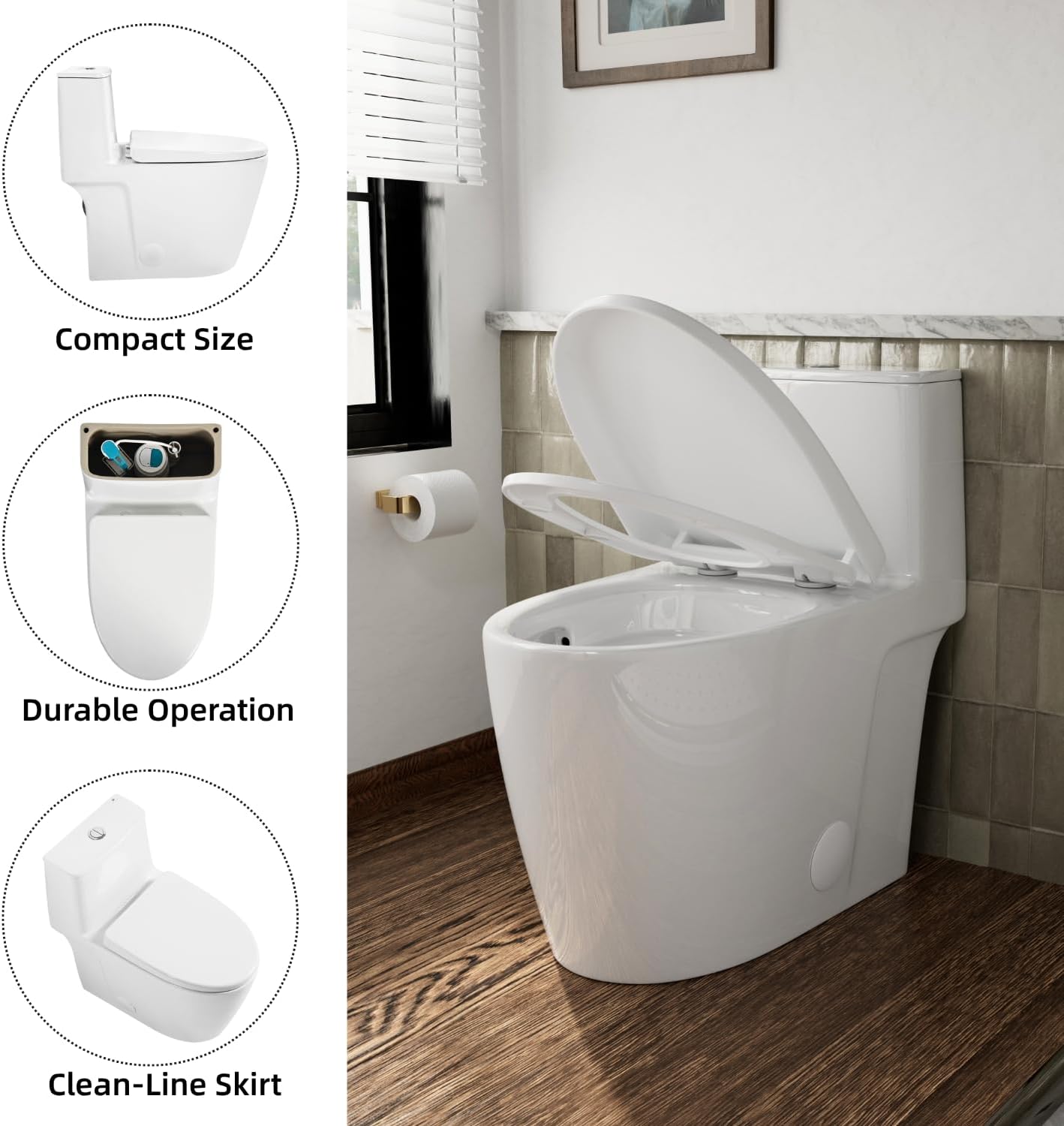17.3' Elongated One Piece Toilet with Rimless Swirl Flush, Los Flexi Modern Toilets For Bathrooms, ADA Chair Height, Dual Flush 1.0/1.28 GPF, White 17 Inch Toilet Bowl, Soft-Close Seat & 12' Rough-In
