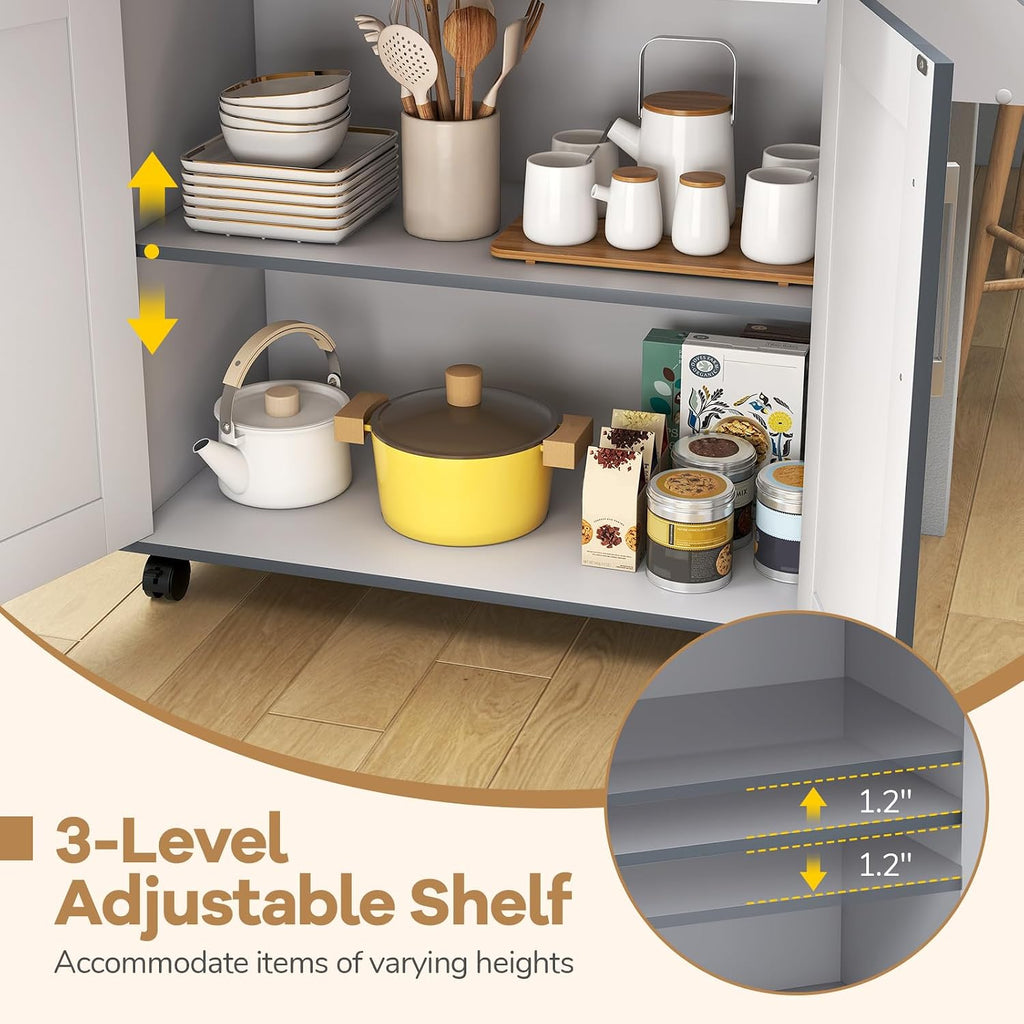 Kitchen Island with Storage, 44' Width Rolling Kitchen Cart on Wheels with Drawer, Adjustable Shelf, Spice Rack and Towel Bar, Wooden Island Table for Dining Room, Living Room (Grey)