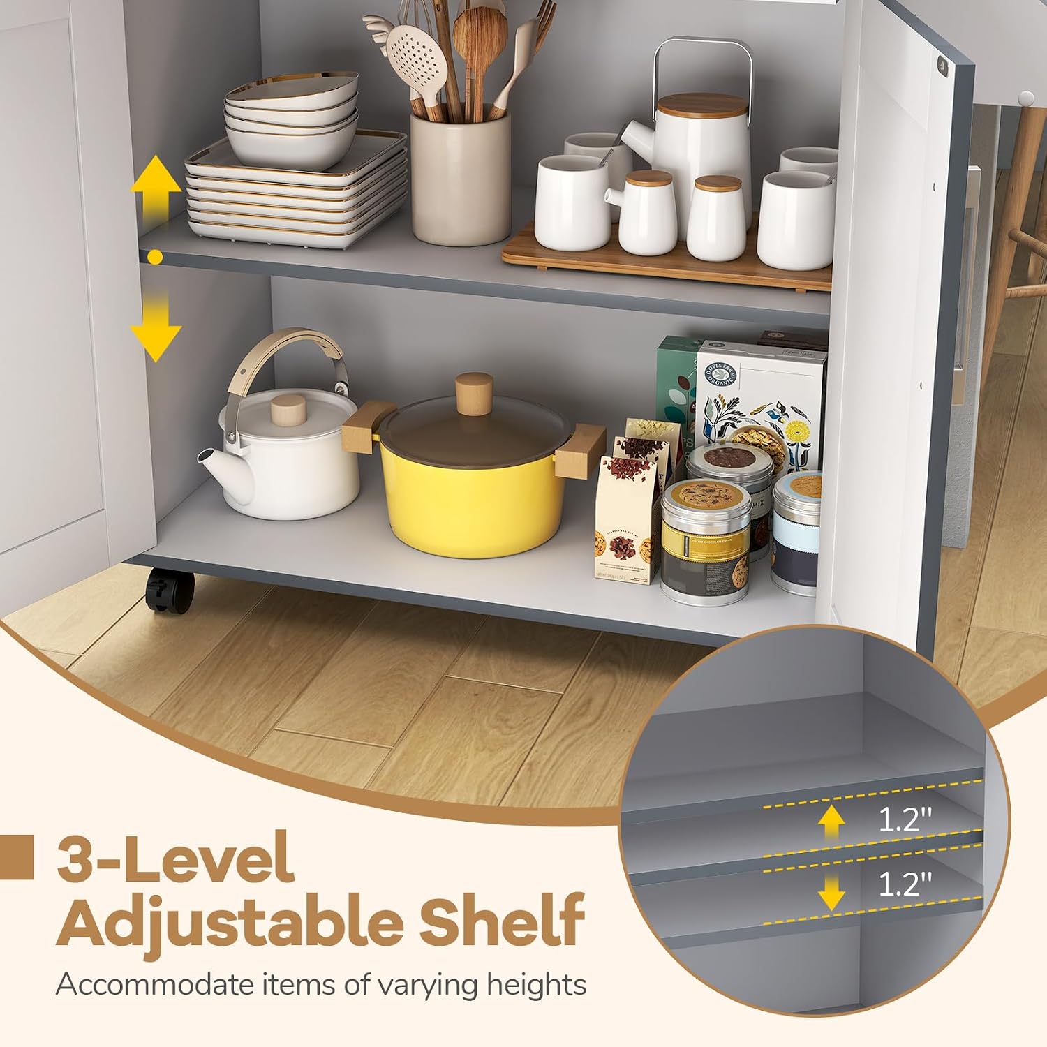 Kitchen Island with Storage, 44' Width Rolling Kitchen Cart on Wheels with Drawer, Adjustable Shelf, Spice Rack and Towel Bar, Wooden Island Table for Dining Room, Living Room (Grey)