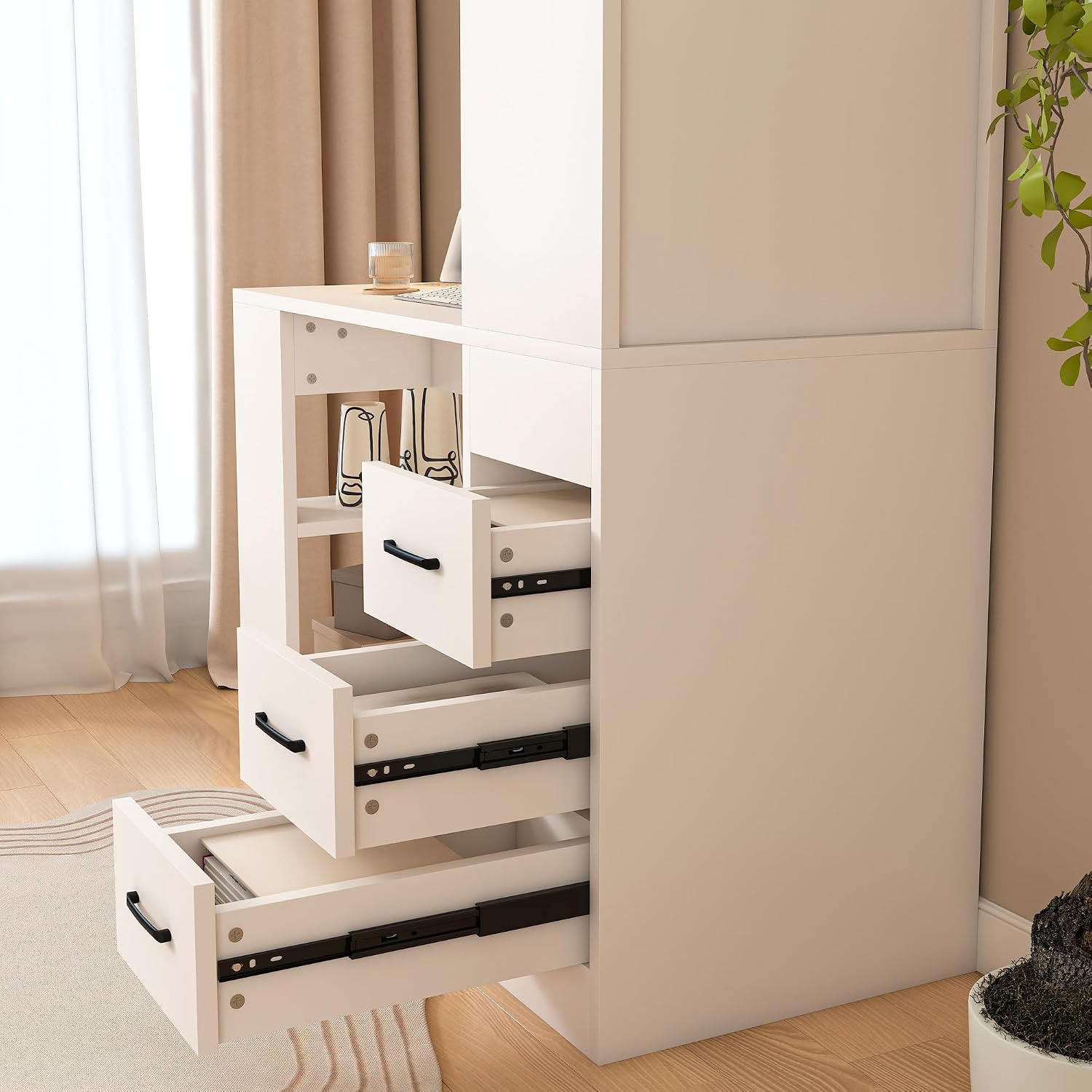KEIKI L Shaped Desk with Drawers and Hutch, Corner Office Desk with Storage, Computer Desk with 4-in-1 Socket, 3 Drawers & 4 Shelves, White