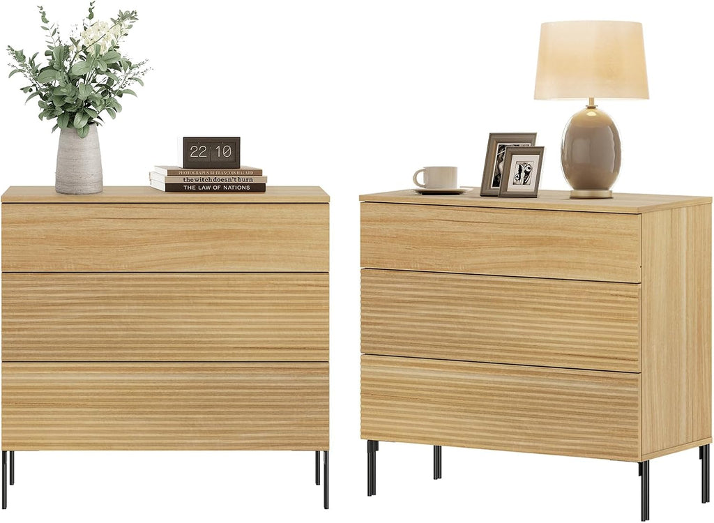 WAMPAT 30.2' Tall Fluted Nightstands Set of 2 with 3 Large Drawers, Mid Century Nightstand End Table with Hidden Handle, Wooden Bedside Table with Storage for Bedroom, Oak