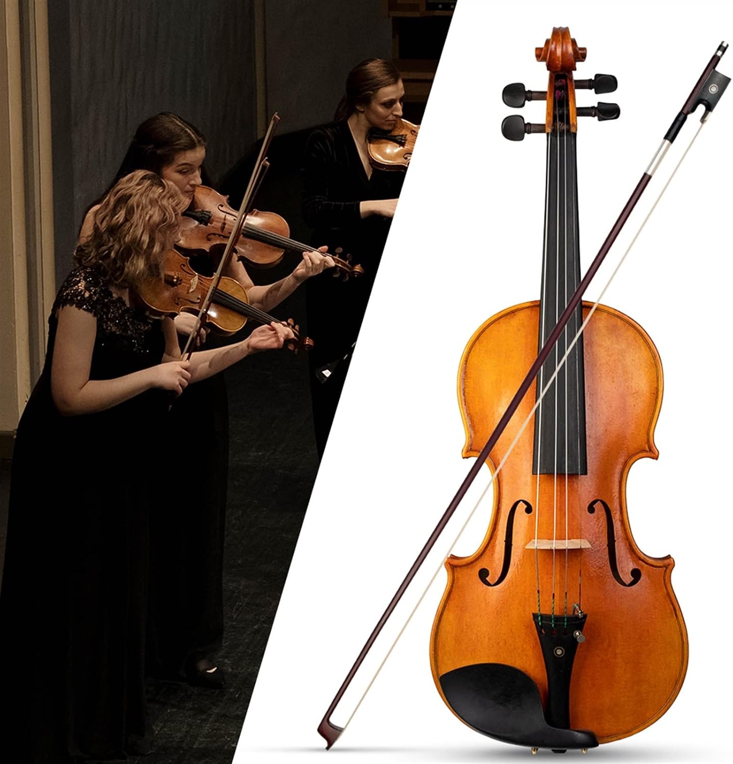 TSTS Beautiful Full Size Violin Fiddle Two Piece Back Flamed Wood Handmade Fiddle Musical Instrument Adults Violins