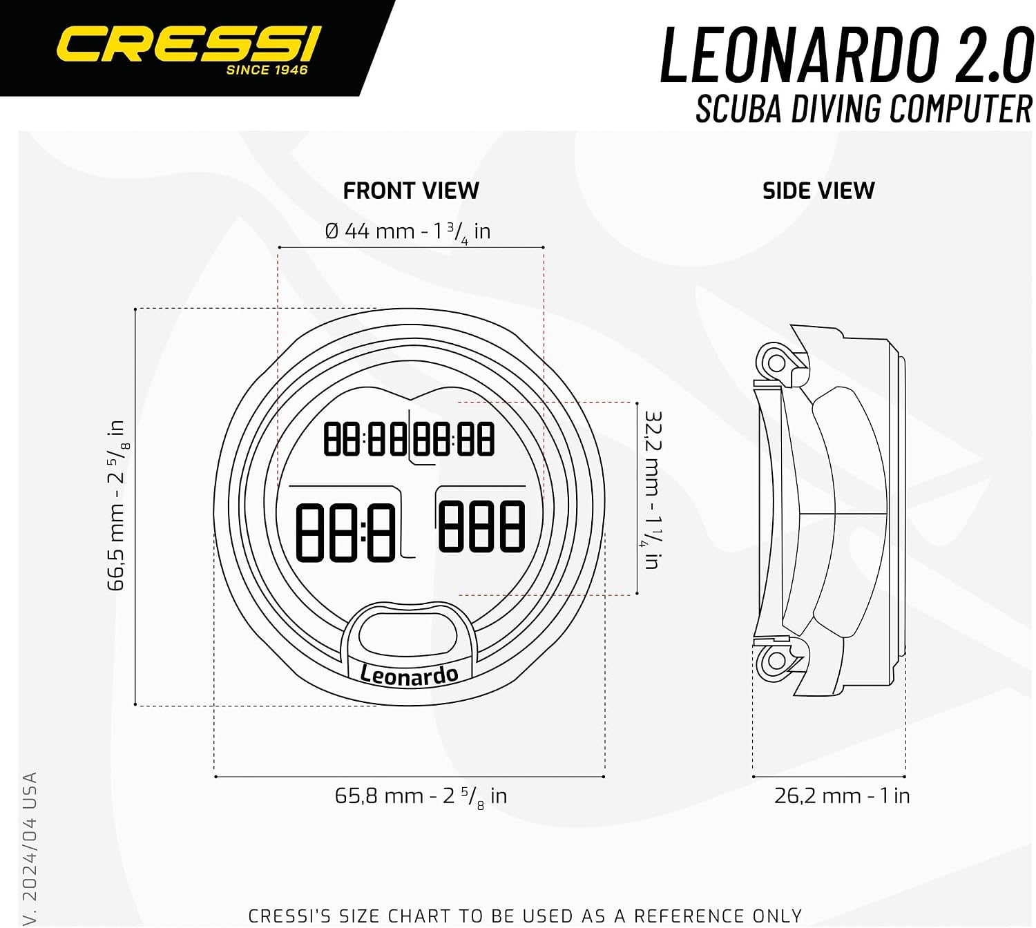 Cressi Leonardo 2.0 Scuba Dive Computer - Air, Nitrox & Gauge Dive Watch - Backlit Waterproof Watch - USB IR Diving Computer